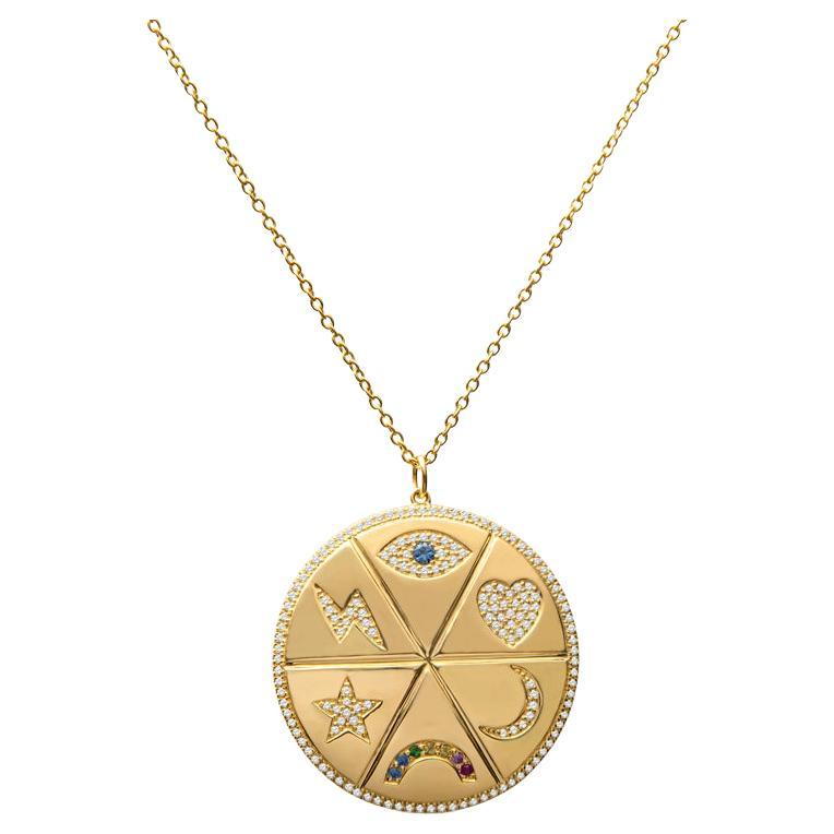 Collier médaillon en or jaune 14 carats avec diamants et pierres précieuses à symboles multiples