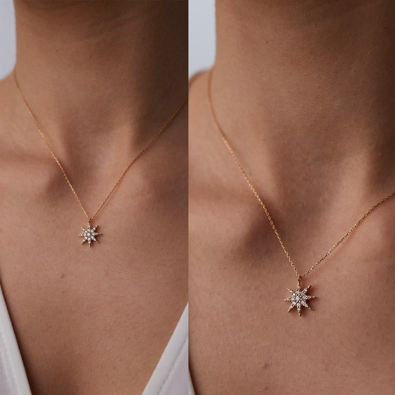 Diamond Gemstone Sun Necklace 14k Solid Gold 0.20ct Elegant Necklace Unique Gift For Sale 1