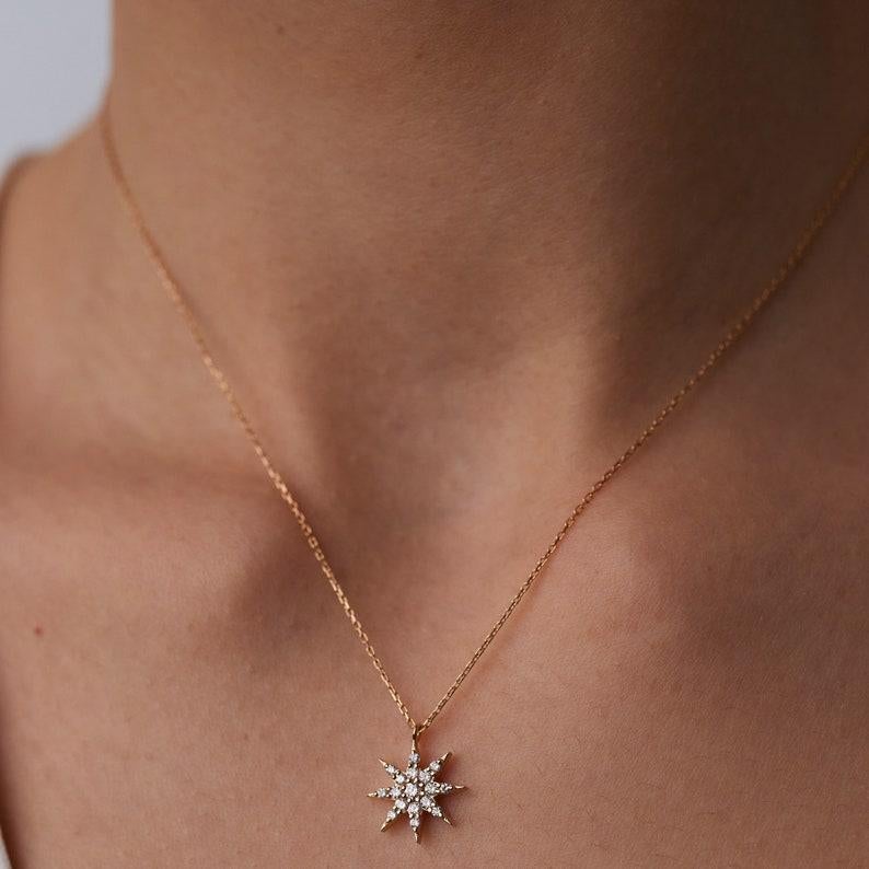 Diamond Gemstone Sun Necklace 14k Solid Gold 0.20ct Elegant Necklace Unique Gift For Sale 2