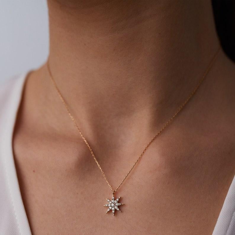 Diamond Gemstone Sun Necklace 14k Solid Gold 0.20ct Elegant Necklace Unique Gift For Sale 3