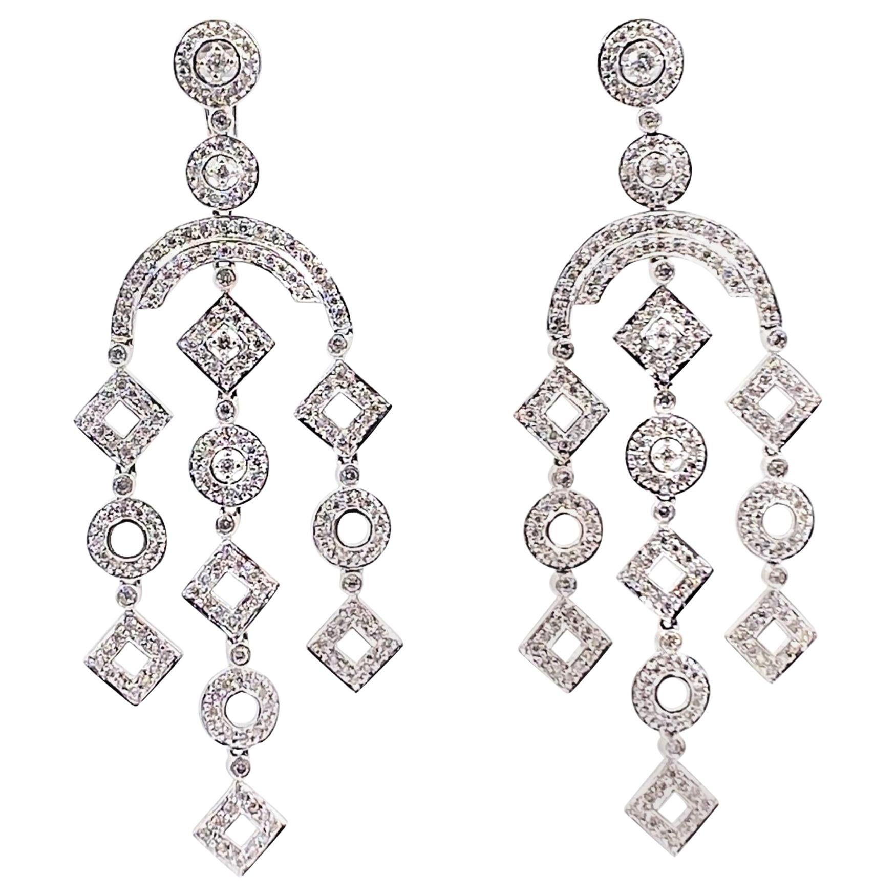Diamond Geometric Chandelier Earrings 2 Carat Total Weight in 14 Karat Gold For Sale