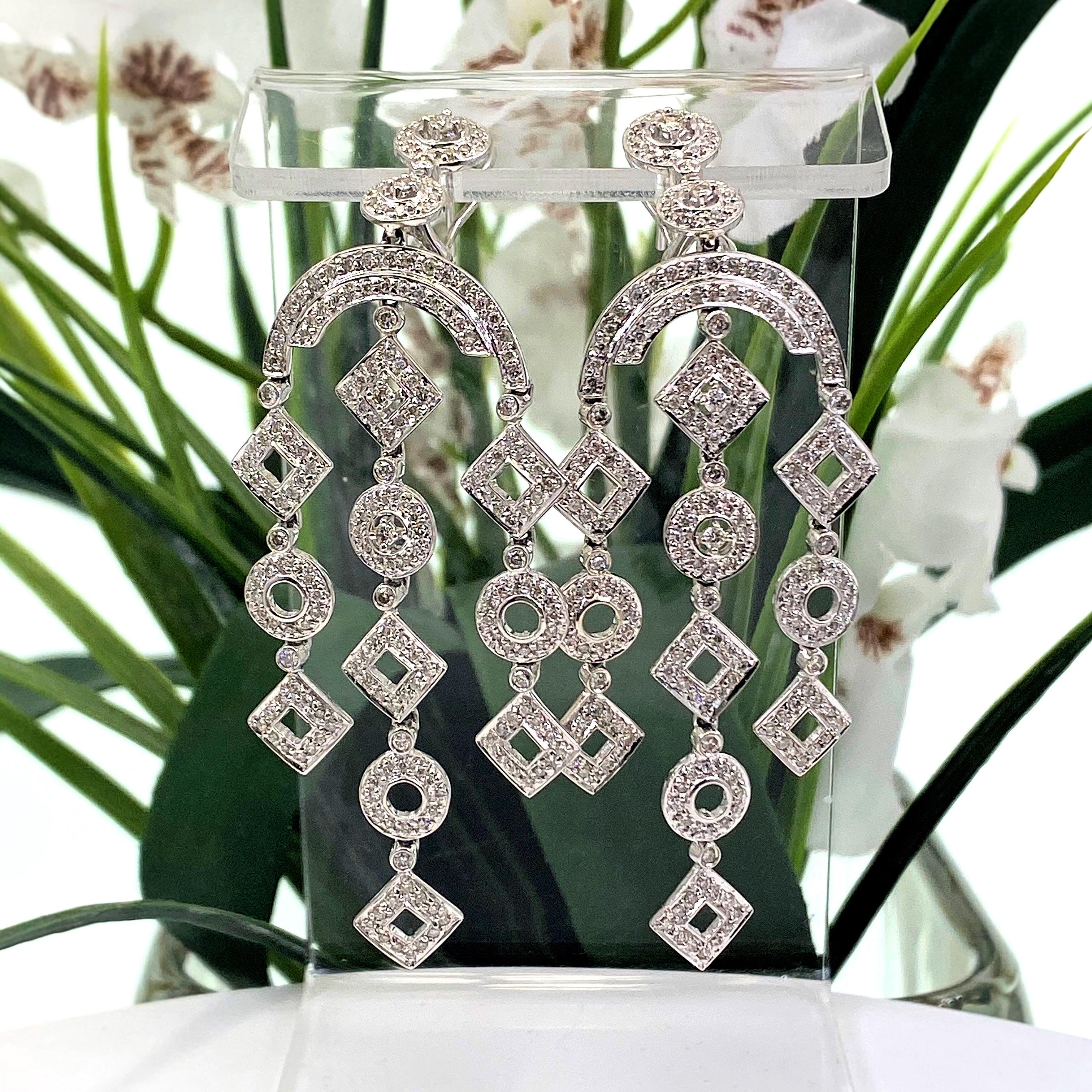 Diamond Chandelier Earrings 
Style:  Geometric Shaped Dangle Earrings
Metal:  14K White Gold
Size / Measurements:  2.80'' long x 1'' wide
TCW:  2.00 carats total approximate
Diamonds:  201 Round Brilliant Cut Diamonds
Color & Clarity:  H - I color, 