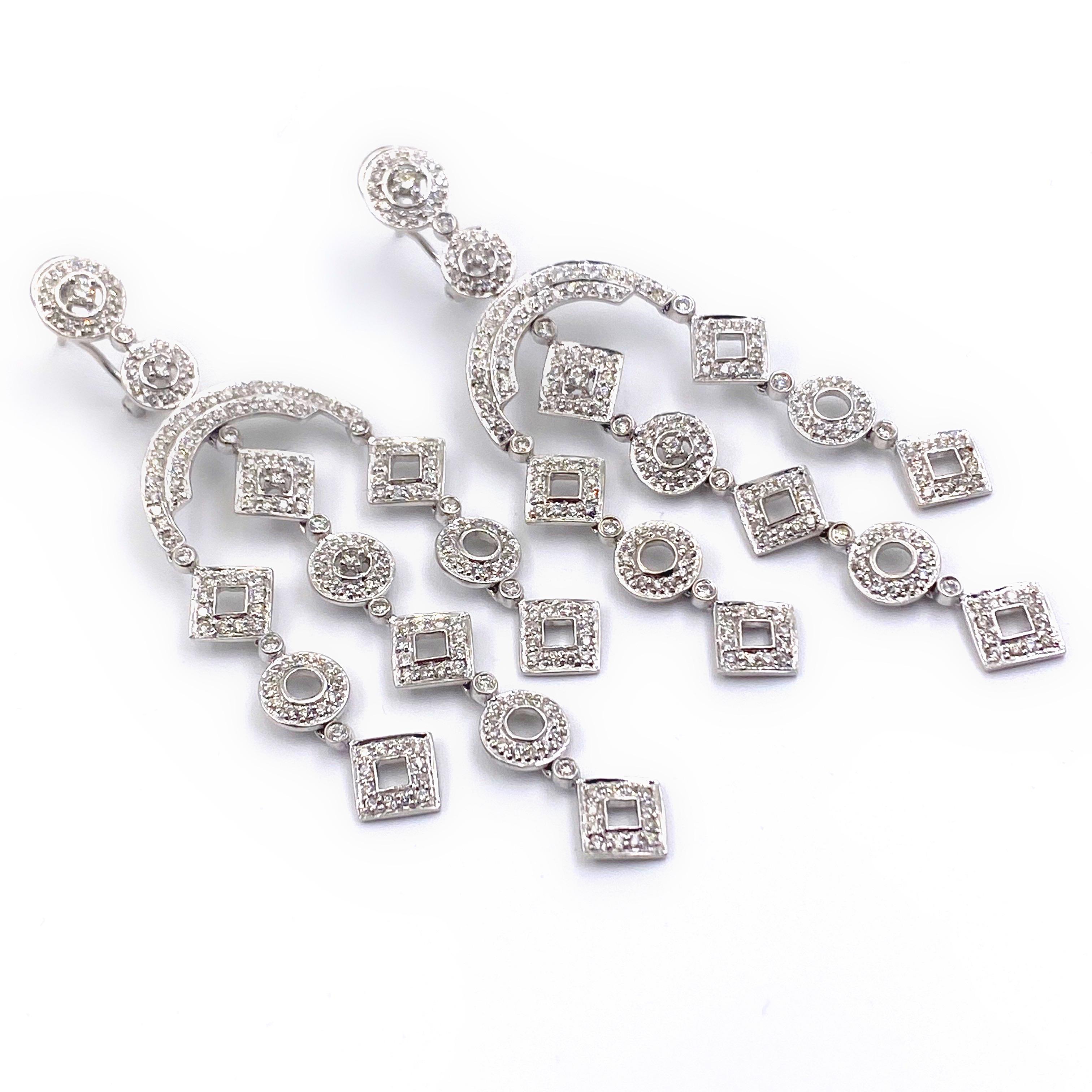 Diamond Geometric Chandelier Earrings 2 Carat Total Weight in 14 Karat Gold For Sale 3