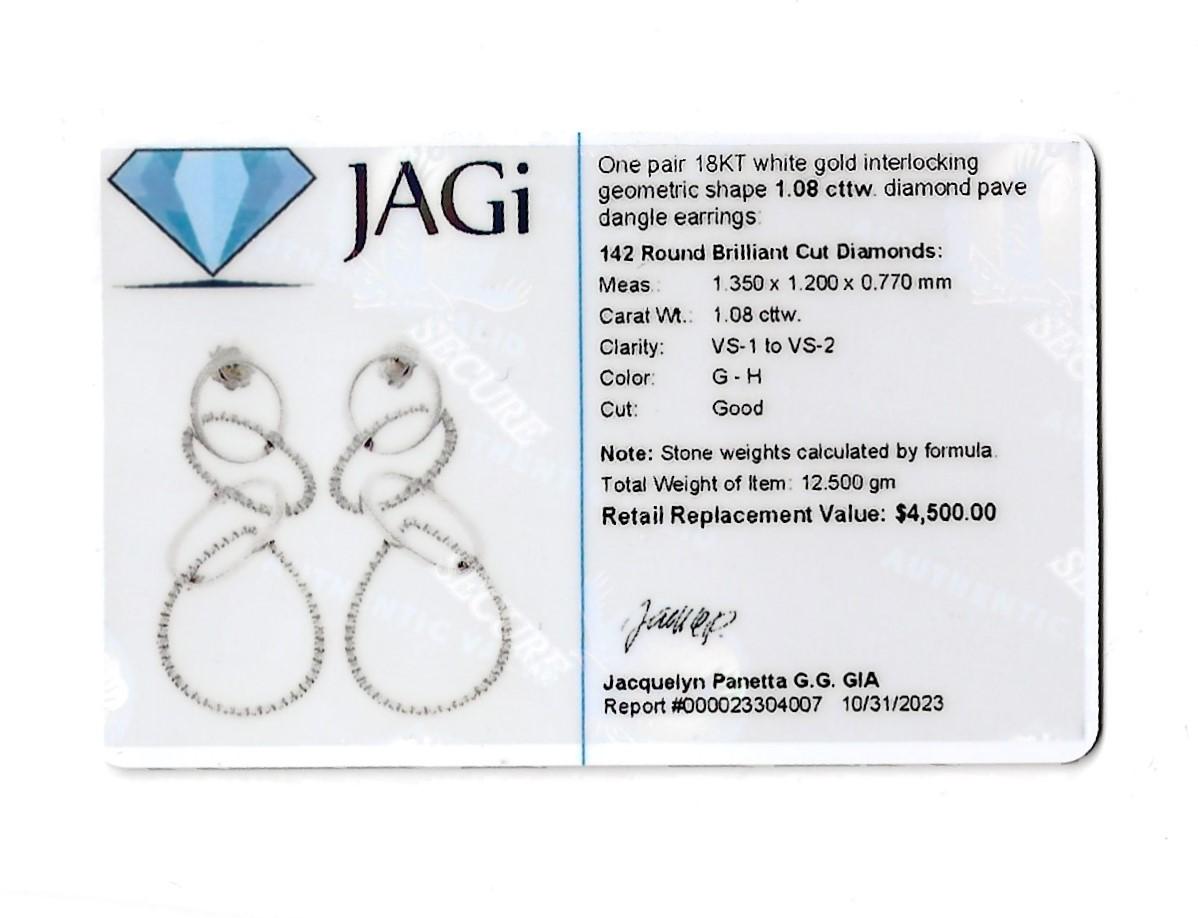 Women's Diamond Geometric Interlocking Style Dangle Earrings Set in 18 Karat White Gold For Sale