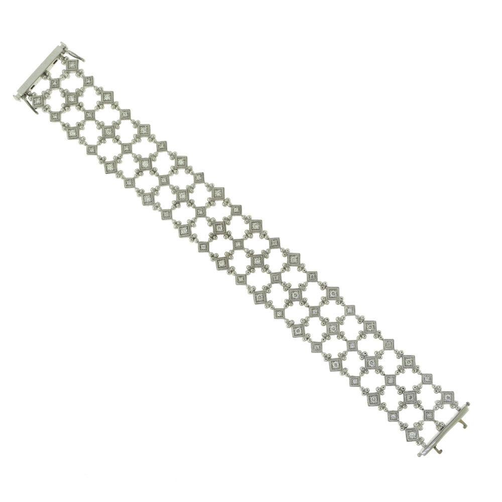 Round Cut Diamond Geometric Square Link Chain White Gold Bracelet For Sale