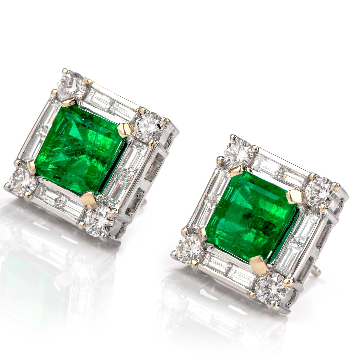 These opulent Diamond and GIA certified Genuine Colombian Emerald

These stunning stud earrings were crafted in 18K white gold. 

Featuring a vibrant green Natural Emerald in the center of each, the emeralds 

create a s stark contrast in color with