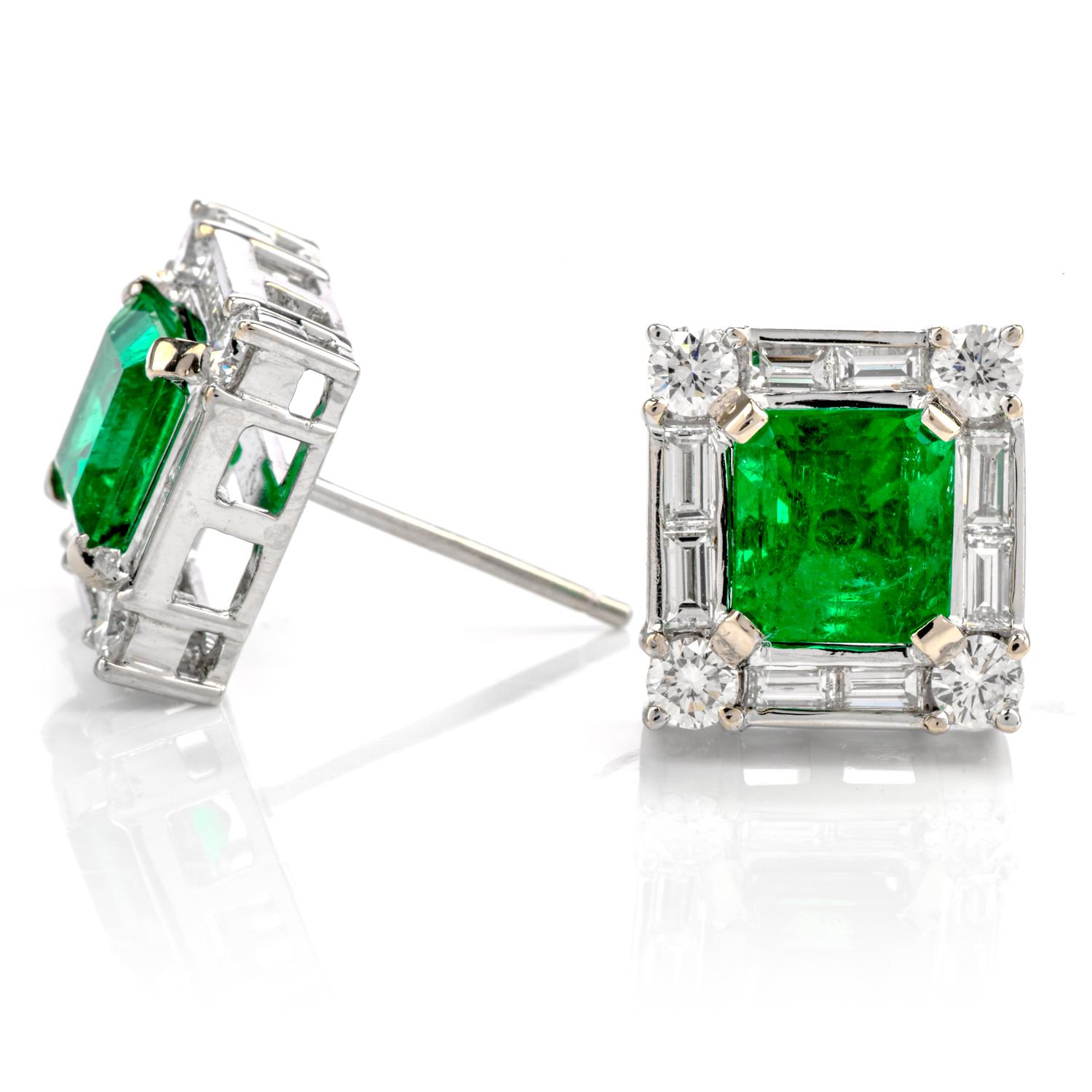 Modern Diamond GIA Colombian Asscher-Cut Emerald Stud 18 Karat Gold Earrings