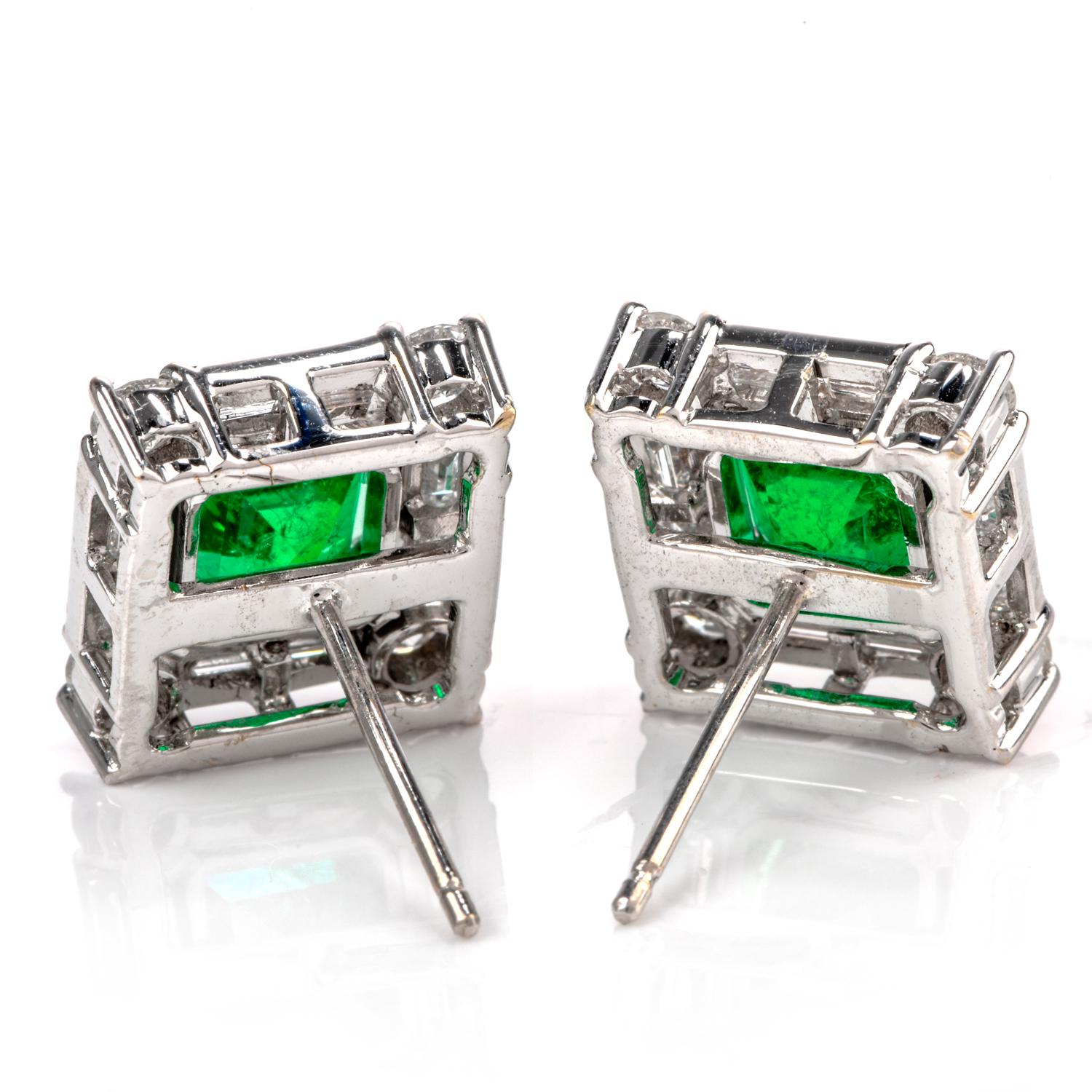 Diamond GIA Colombian Asscher-Cut Emerald Stud 18 Karat Gold Earrings In Excellent Condition In Miami, FL