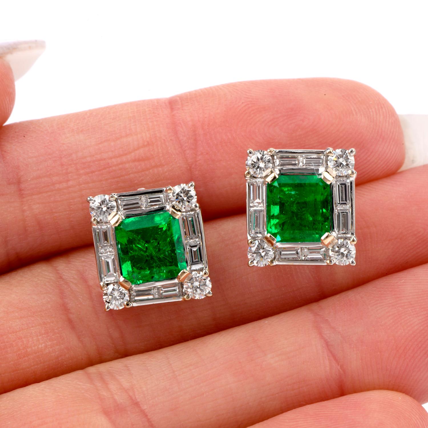 Diamond GIA Colombian Asscher-Cut Emerald Stud 18 Karat Gold Earrings 1