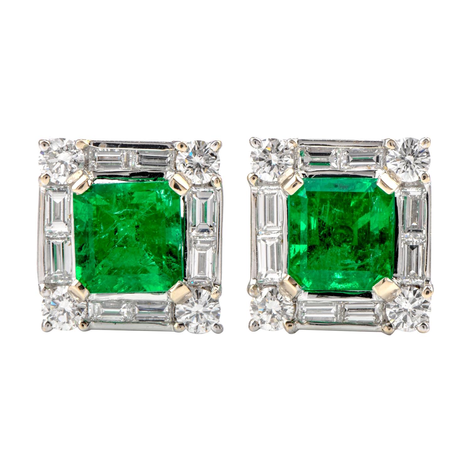 Diamond GIA Colombian Asscher-Cut Emerald Stud 18 Karat Gold Earrings