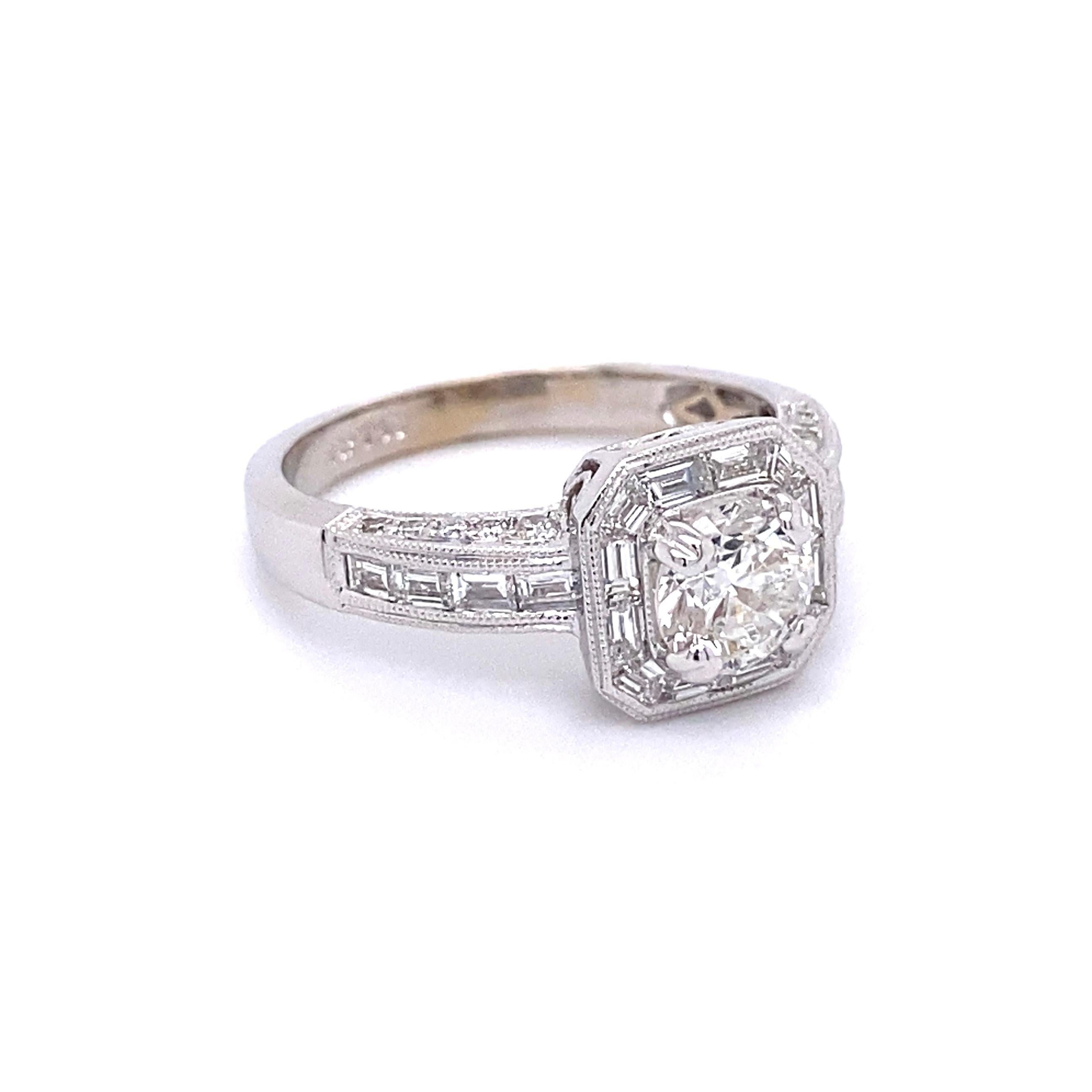Diamond GIA Solitaire Art Deco Gold Ring Estate Fine Jewelry Simply Beautiful ! Bague en or blanc 18 carats avec solitaire en diamant finement détaillé. Au centre se trouve un diamant GIA rond et brillant, pesant environ 0.83 carat, F-I1 ;