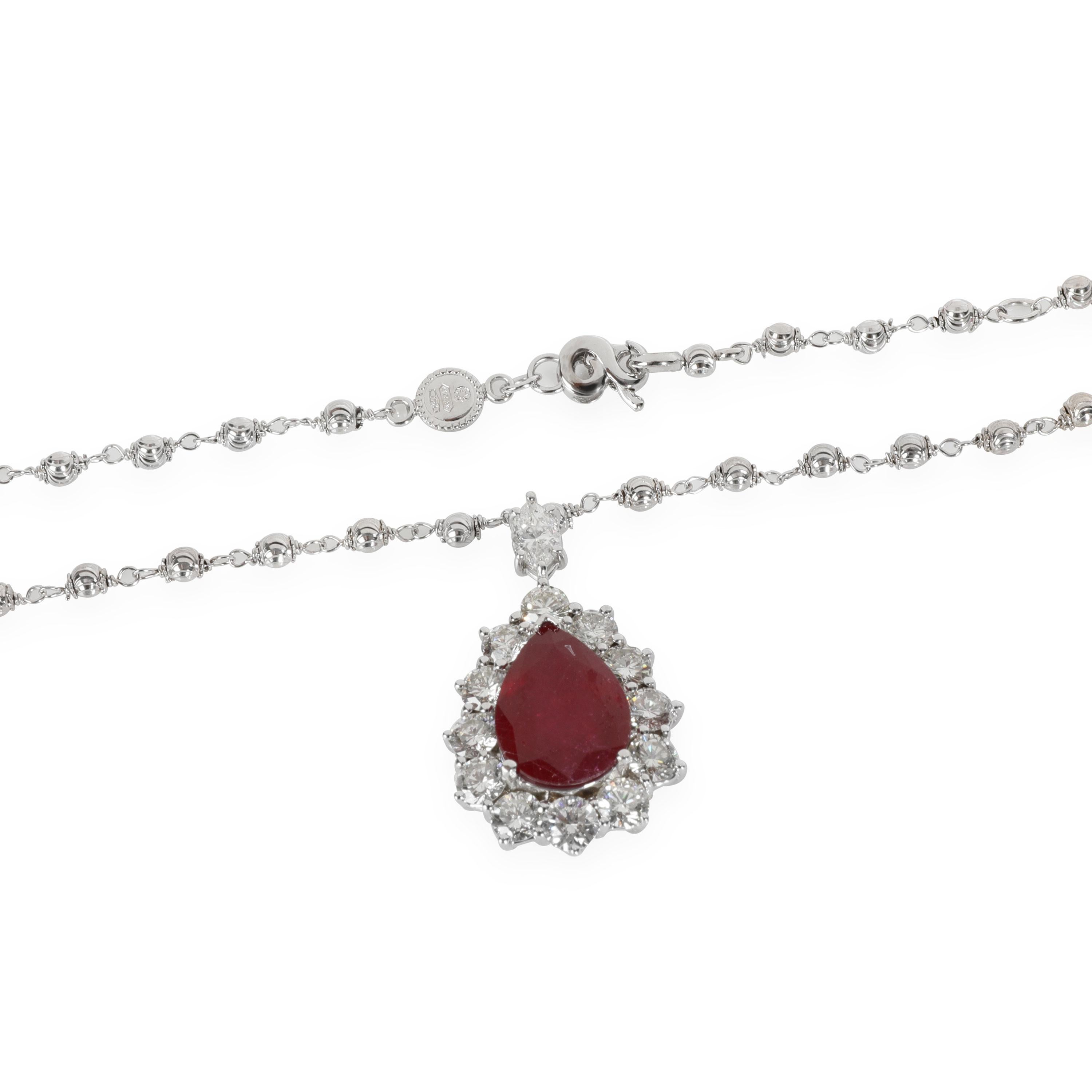 Diamond & Glass Filled Ruby Necklace in 18K White Gold 3.67 CTW In Excellent Condition In New York, NY