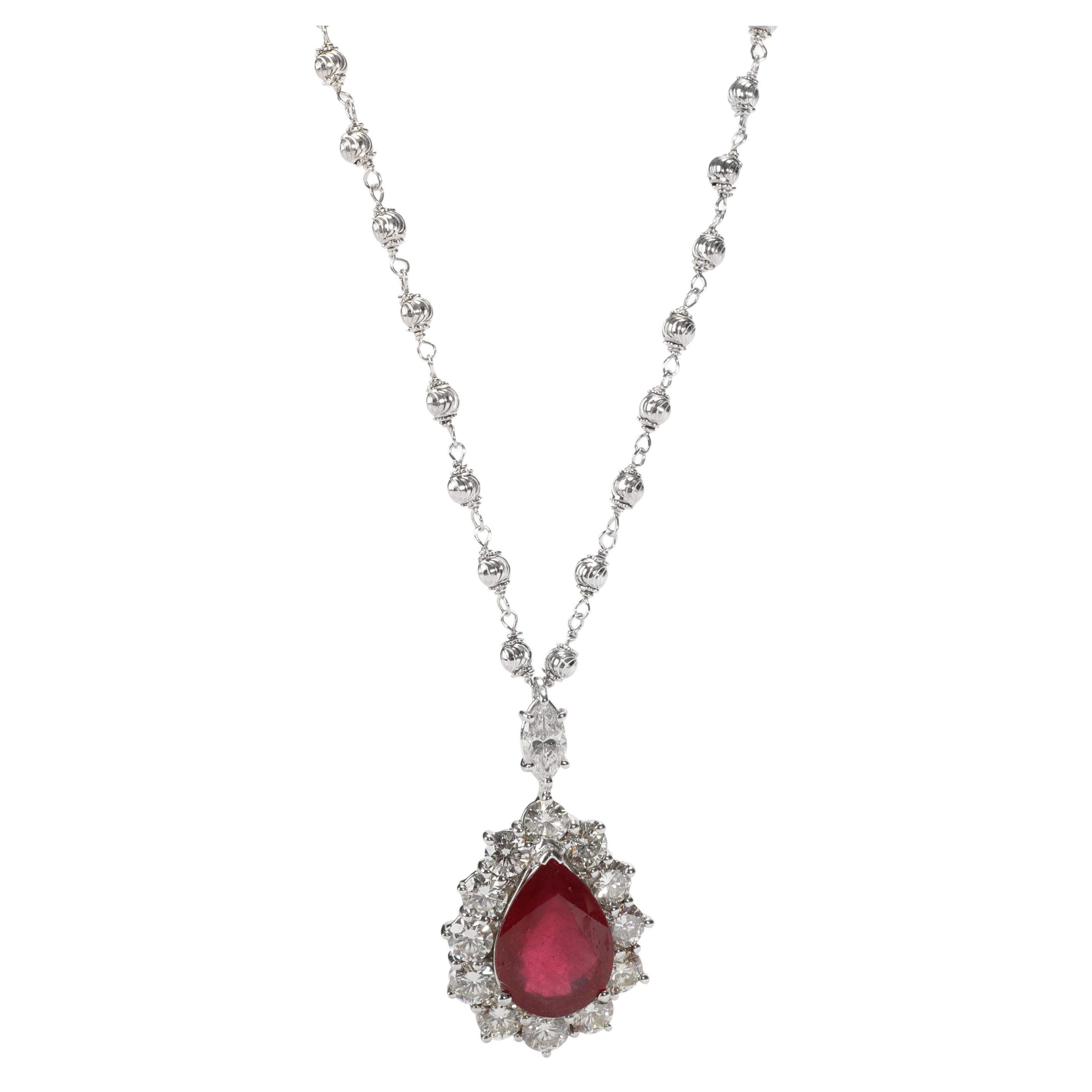 Diamond & Glass Filled Ruby Necklace in 18K White Gold 3.67 CTW