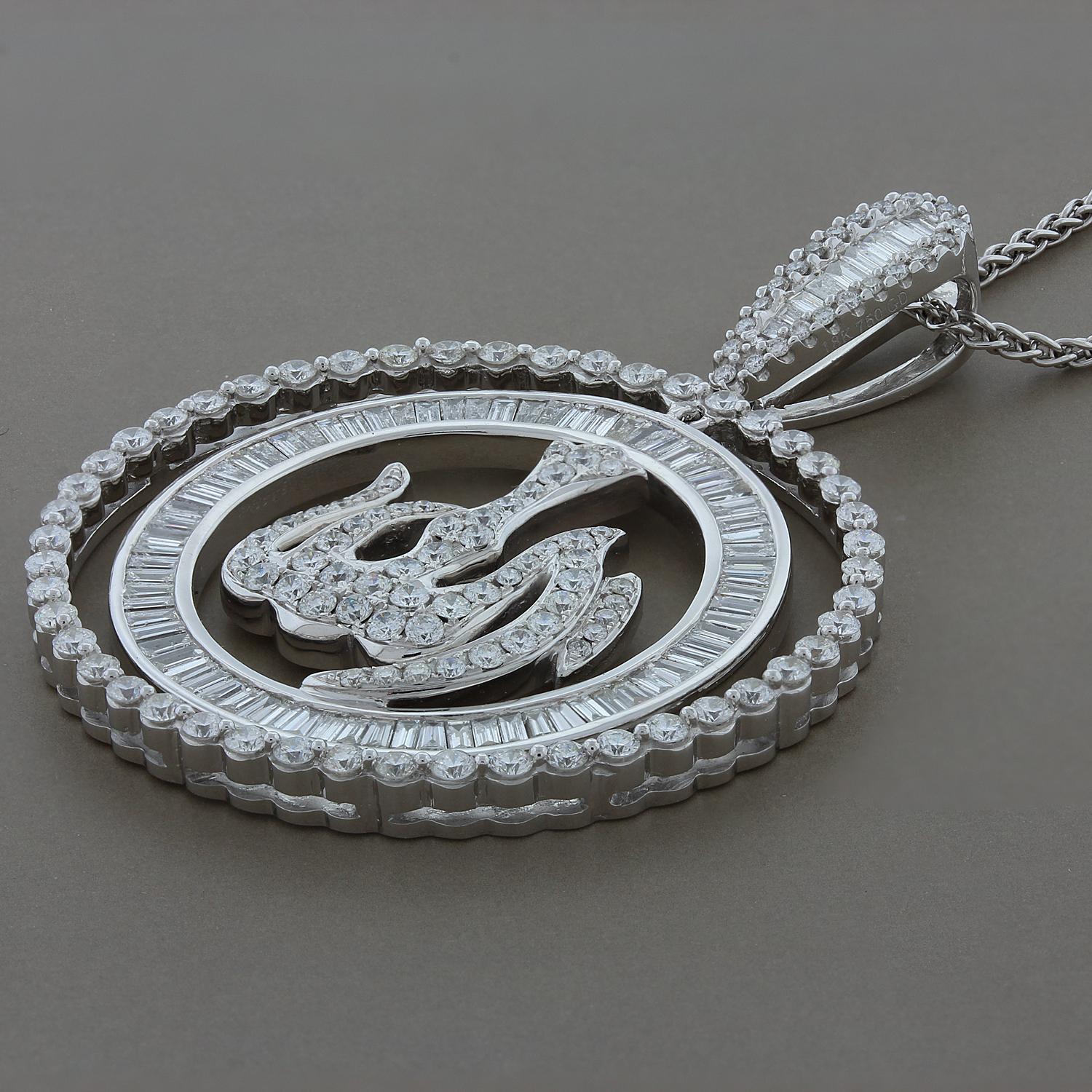 An “Allah” pendant in the center of two halos set in 18K white gold. The outer halo features round cut diamonds in a prong setting, and the inner halo features baguette cut diamonds in a channel setting. Total diamond weight is 4.78 carats.

Pendant