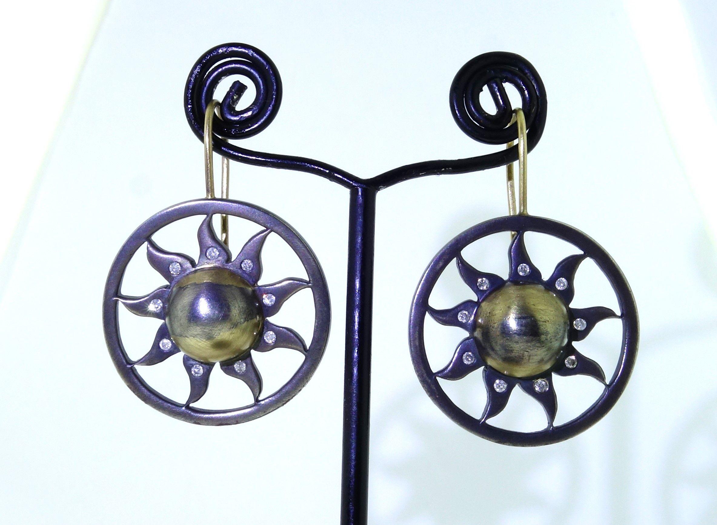 Round Cut Diamond Gold and Oxidized Sterling Silver Drop Earrings For Sale