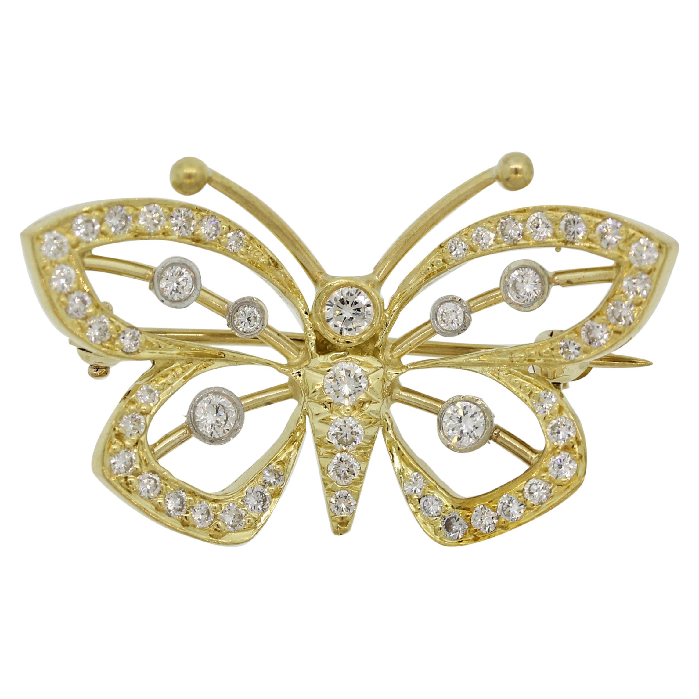 Diamond Gold and Platinum Butterfly Pin Brooch