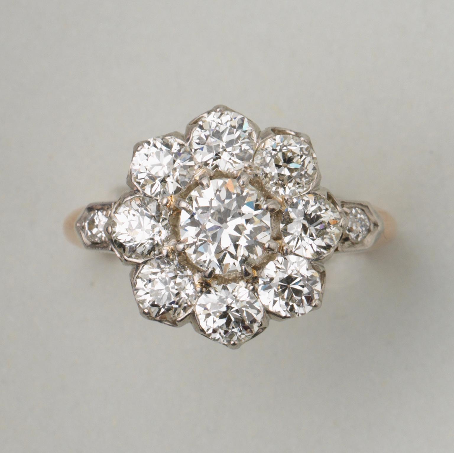 An 18-carat gold and platinum cluster ring set with old-cut diamonds (app. 2.75 carats, I-J, VVS). France, circa 1910.

Weight: 7.27 grams
Ring size: 18.5 mm / 8.5 US