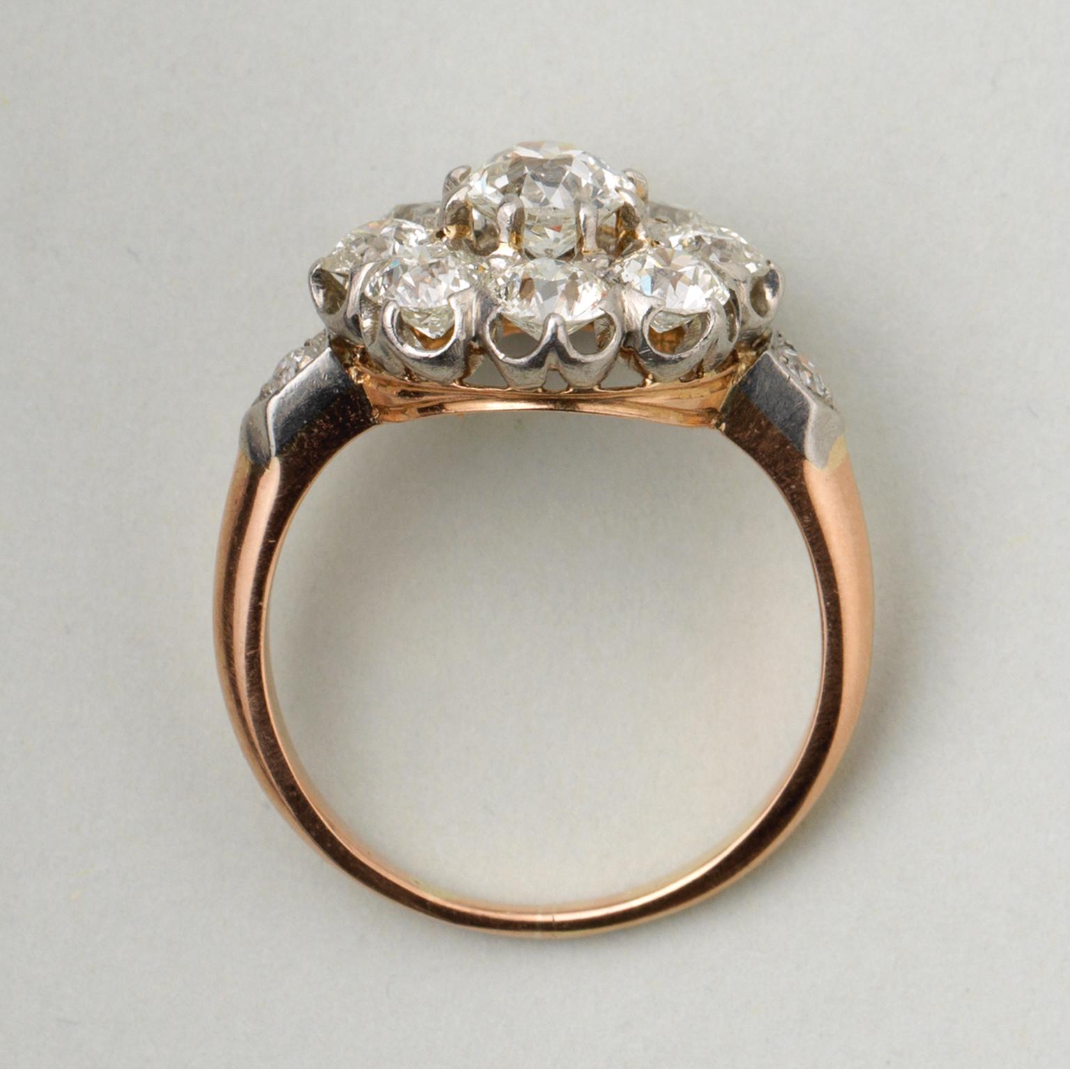 Edwardian Diamond Gold and Platinum Cluster Ring For Sale
