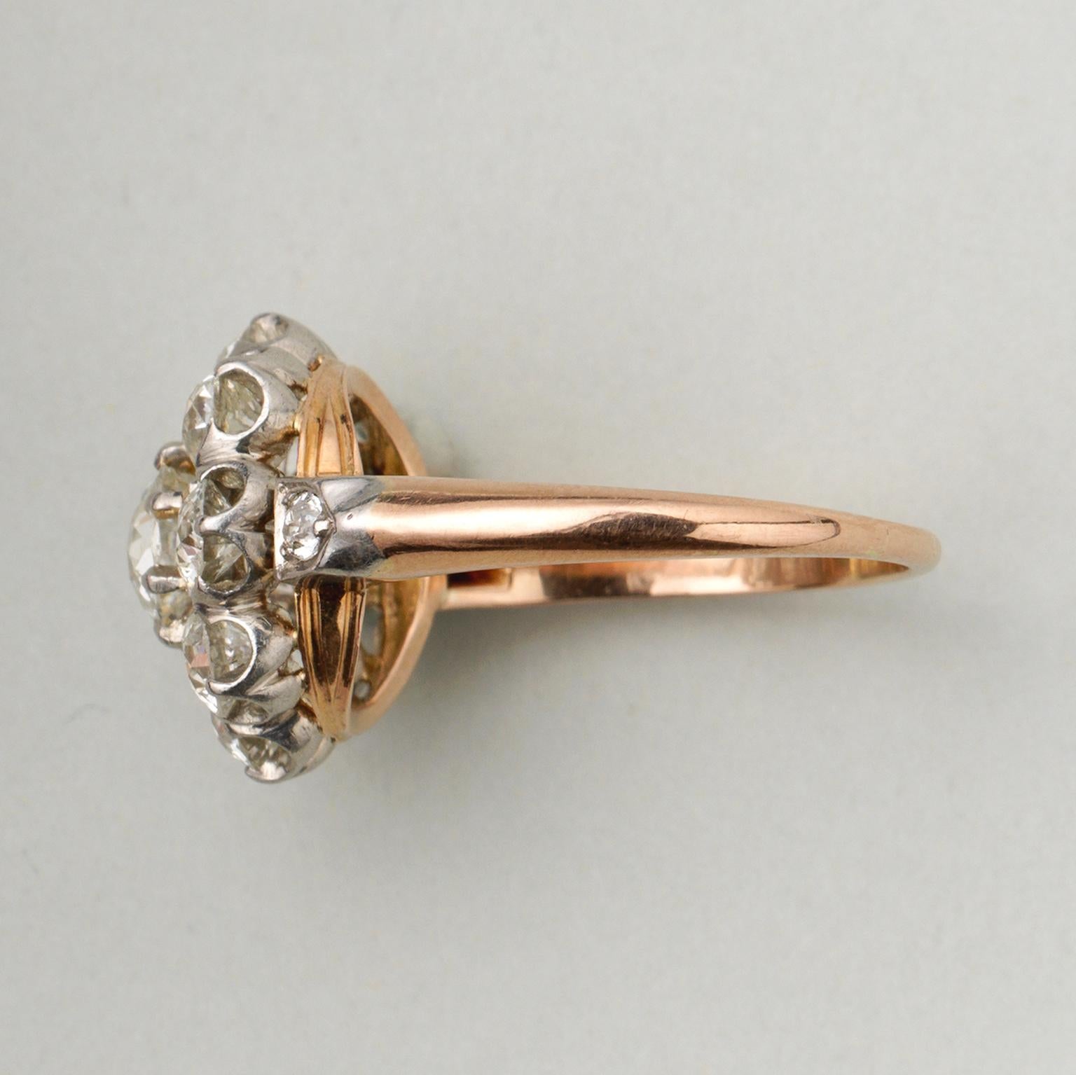 Women's Diamond Gold and Platinum Cluster Ring For Sale