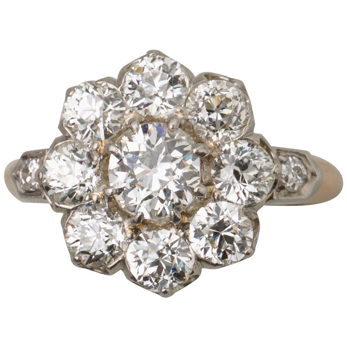 Diamond Gold and Platinum Cluster Ring For Sale