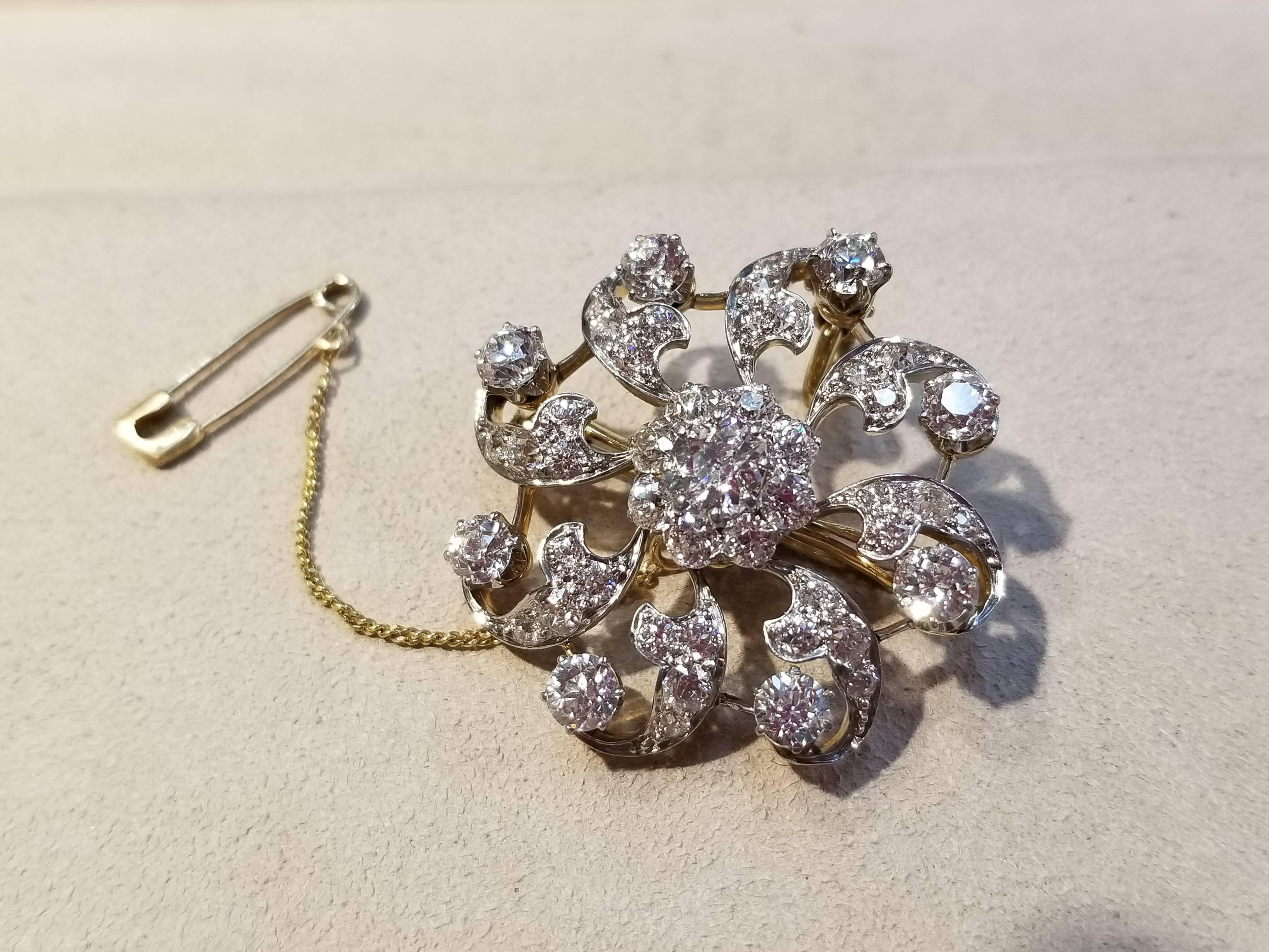 Art Nouveau Diamond, Gold and Platinum Flower Pin For Sale