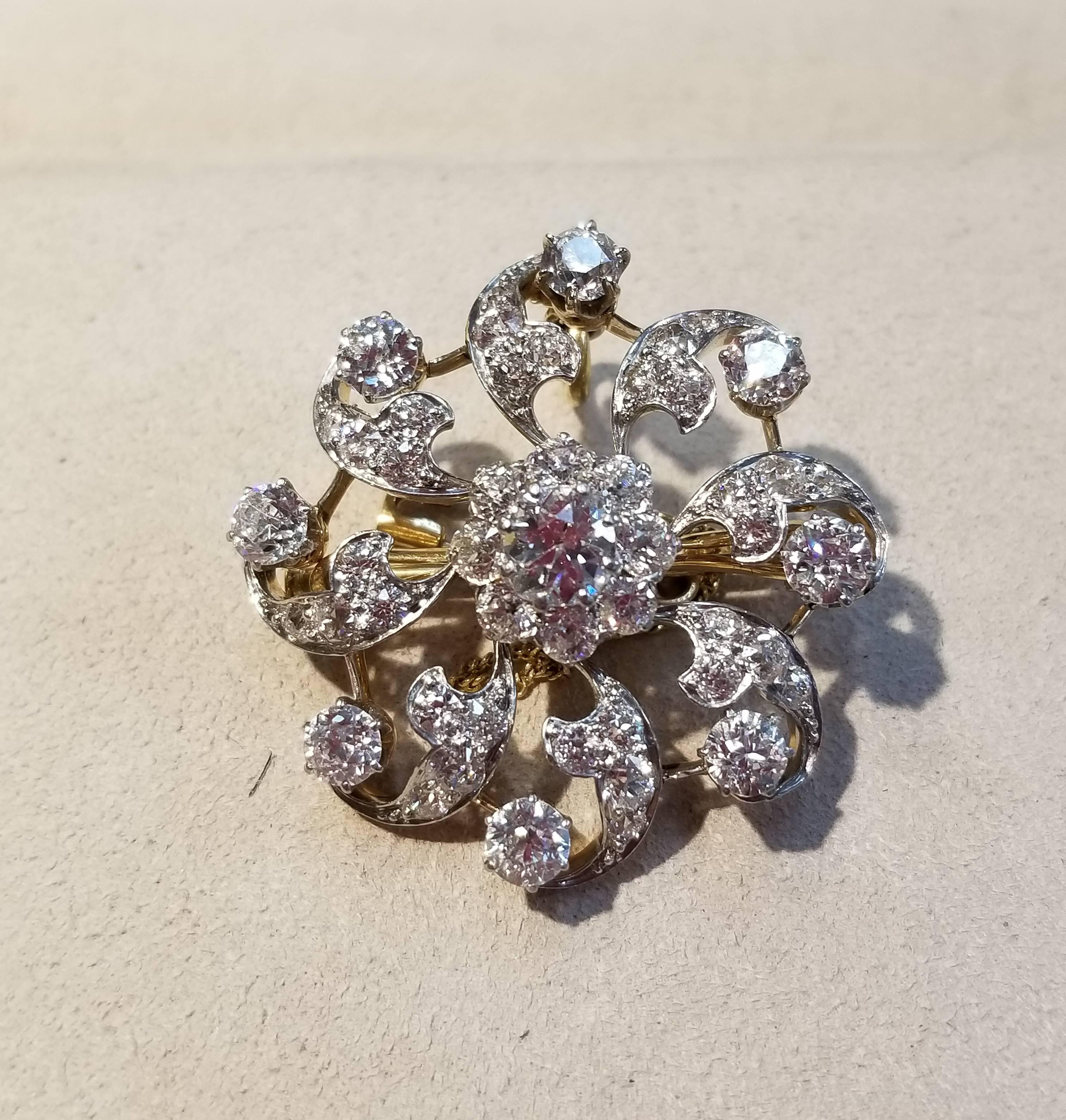 Old European Cut Diamond, Gold and Platinum Flower Pin For Sale