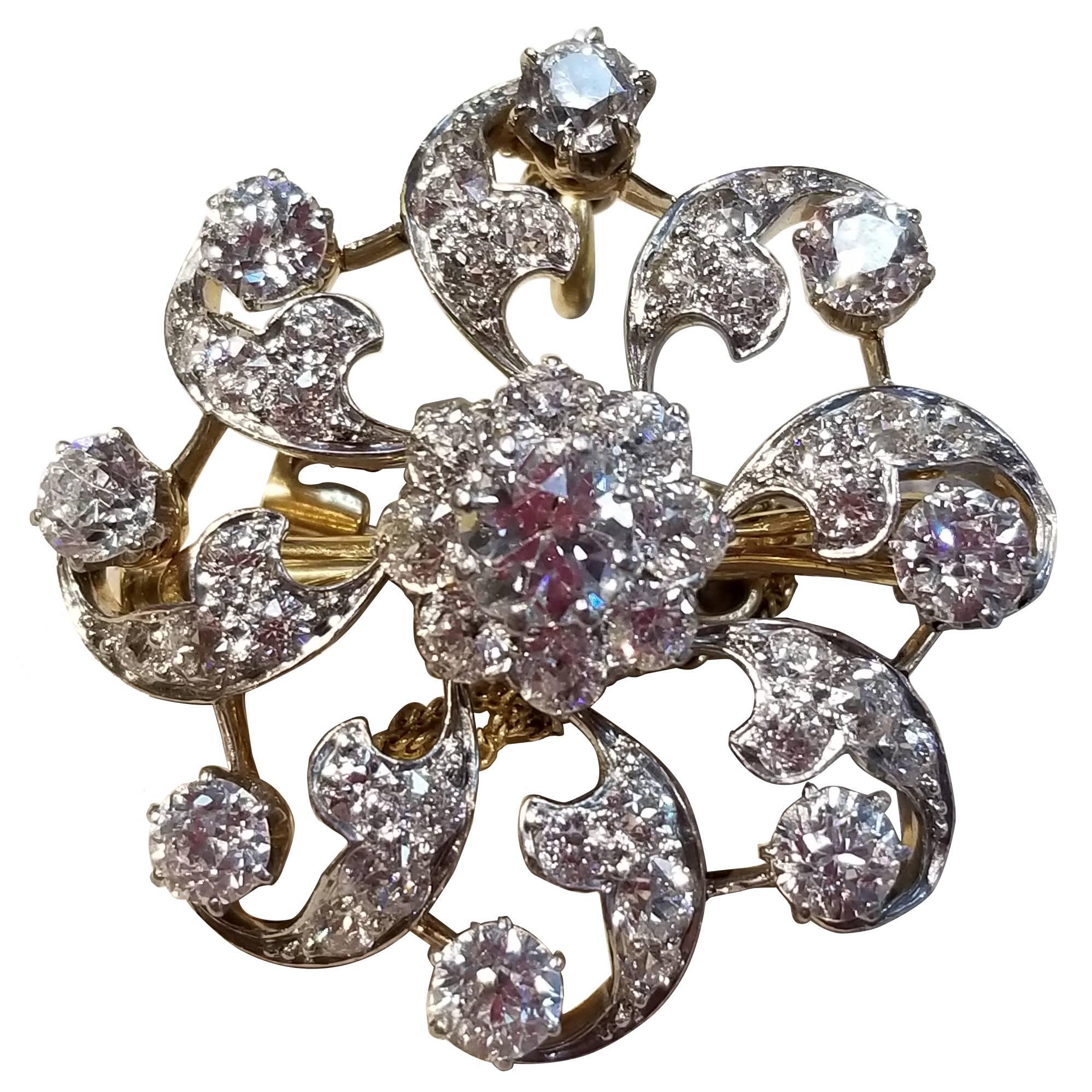 Diamond, Gold and Platinum Flower Pin For Sale