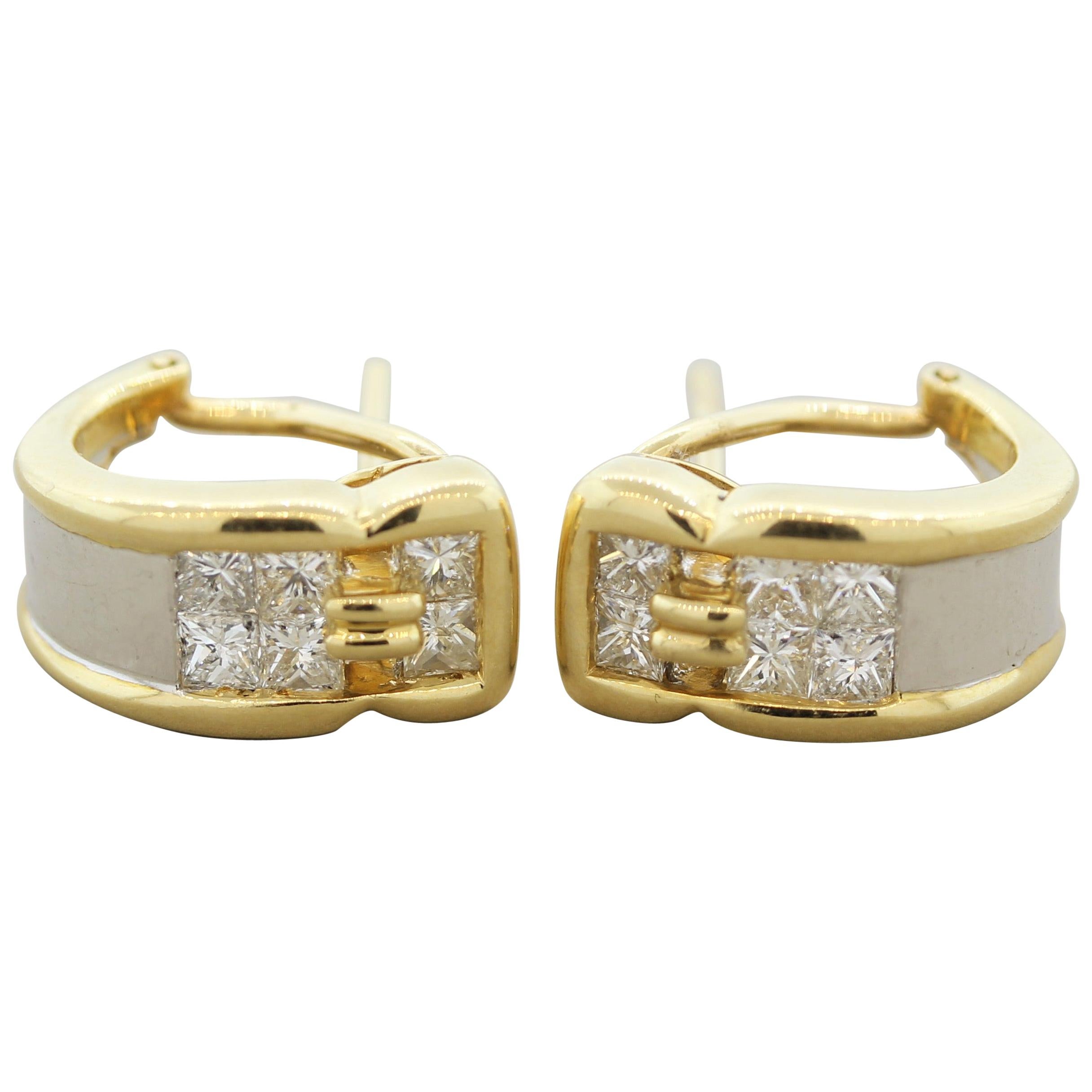 Diamond Gold and Platinum Huggie Earrings For Sale