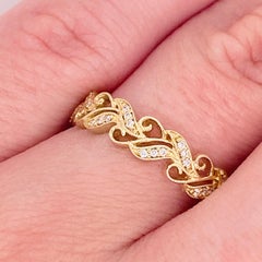 Diamond Gold Band, 14 Karat Yellow Gold Vine Ring, Wedding, Stackable, Nature