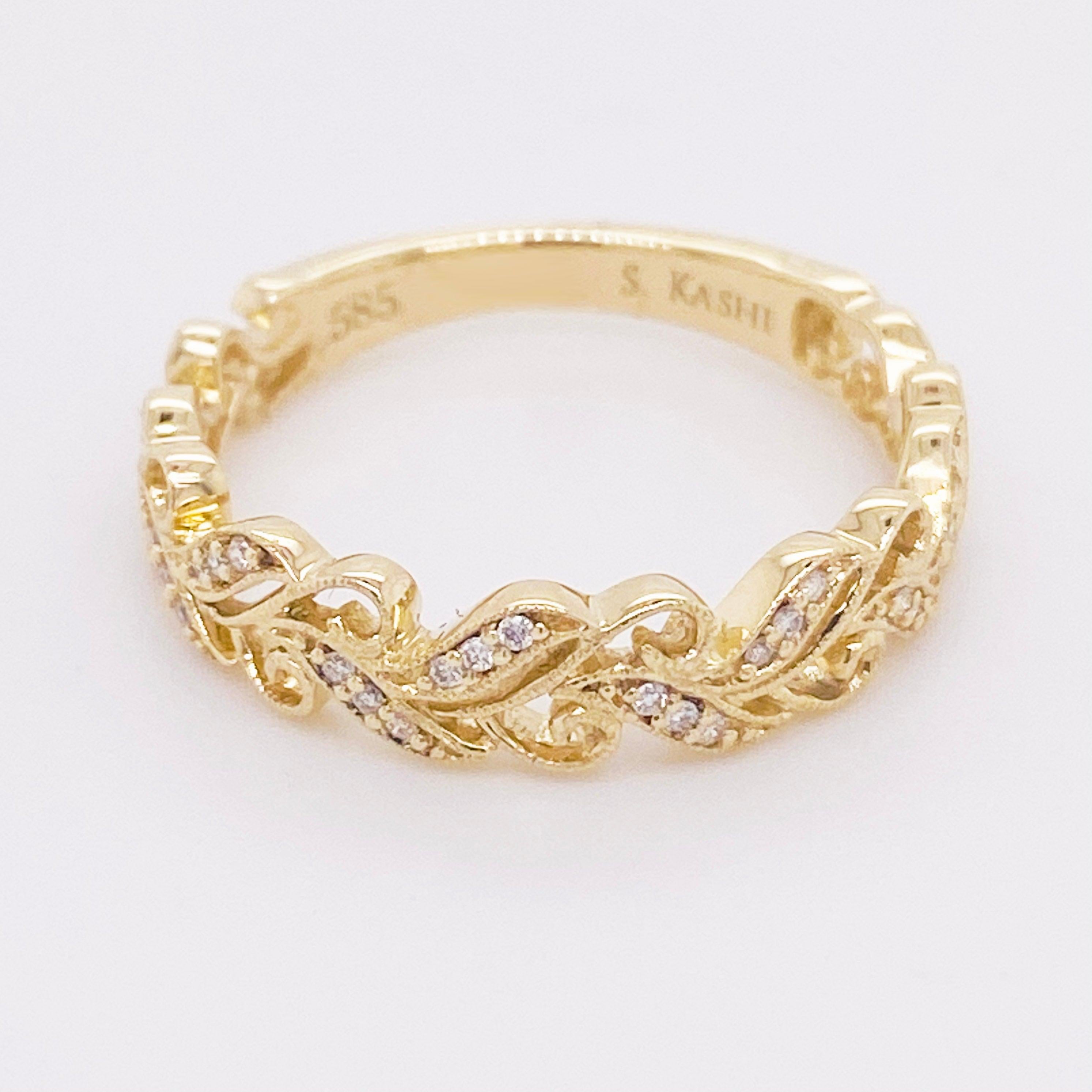 For Sale:  Diamond Gold Band, 14 Karat Yellow Gold Vine Ring, Wedding, Stackable, Nature 3