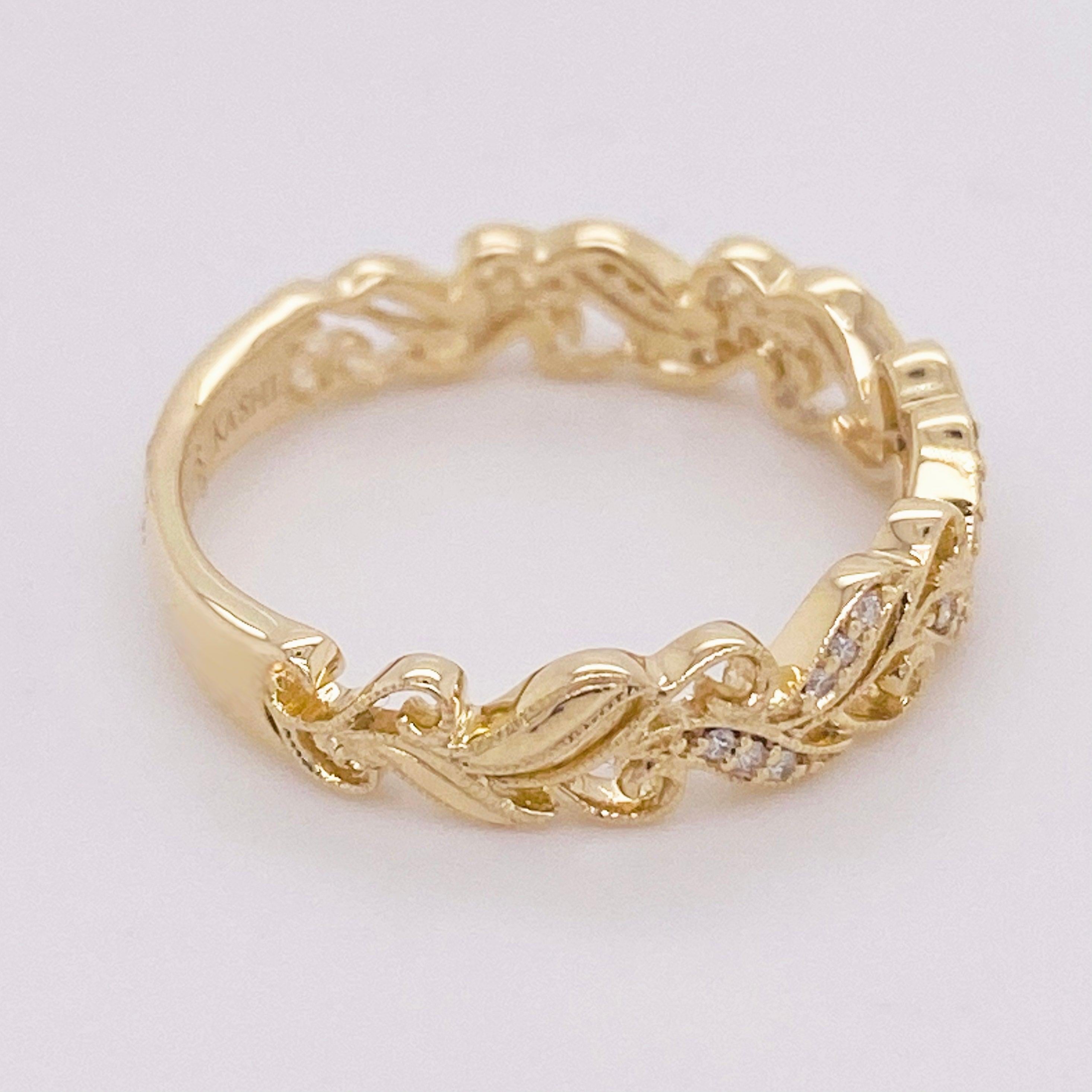 For Sale:  Diamond Gold Band, 14 Karat Yellow Gold Vine Ring, Wedding, Stackable, Nature 4