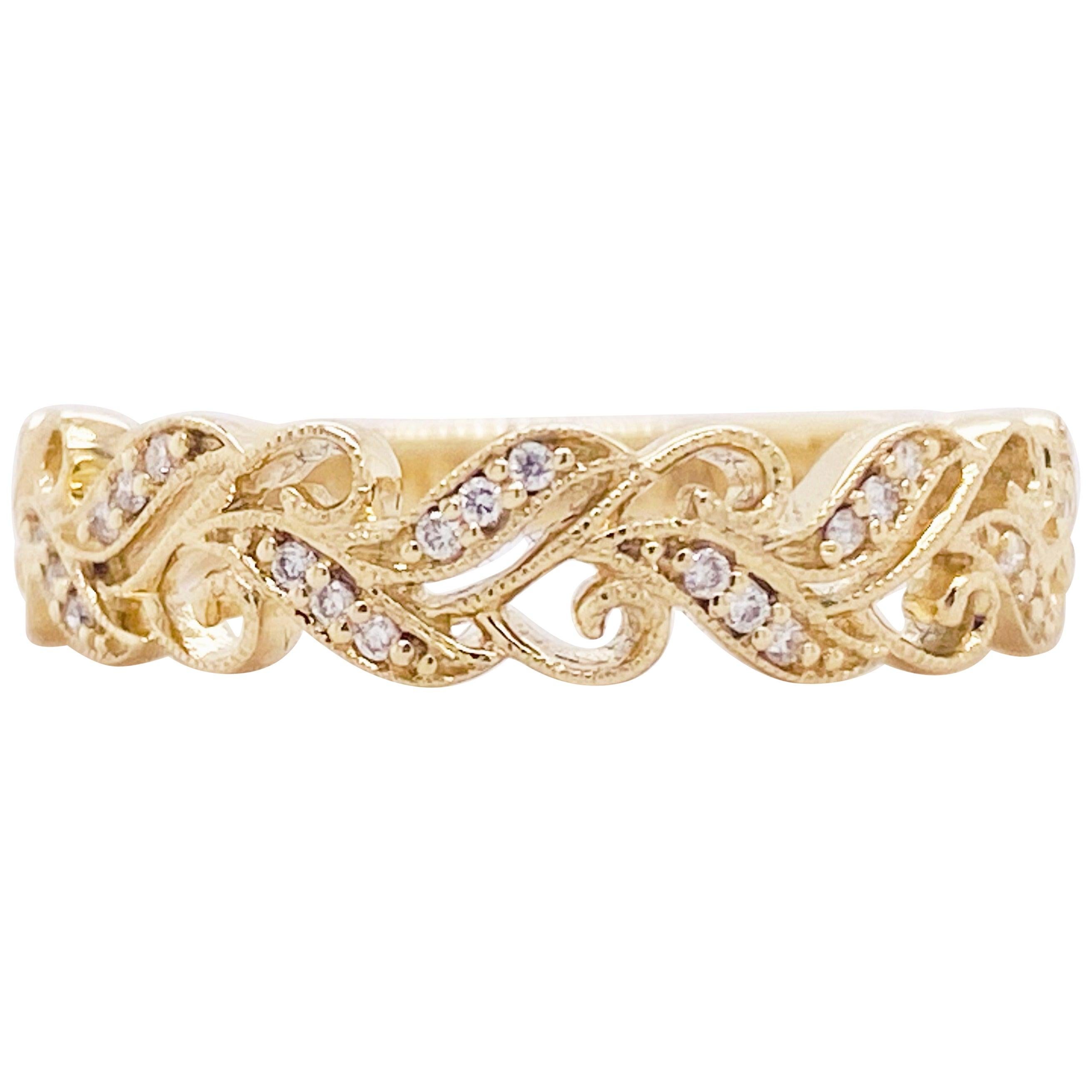 For Sale:  Diamond Gold Band, 14 Karat Yellow Gold Vine Ring, Wedding, Stackable, Nature