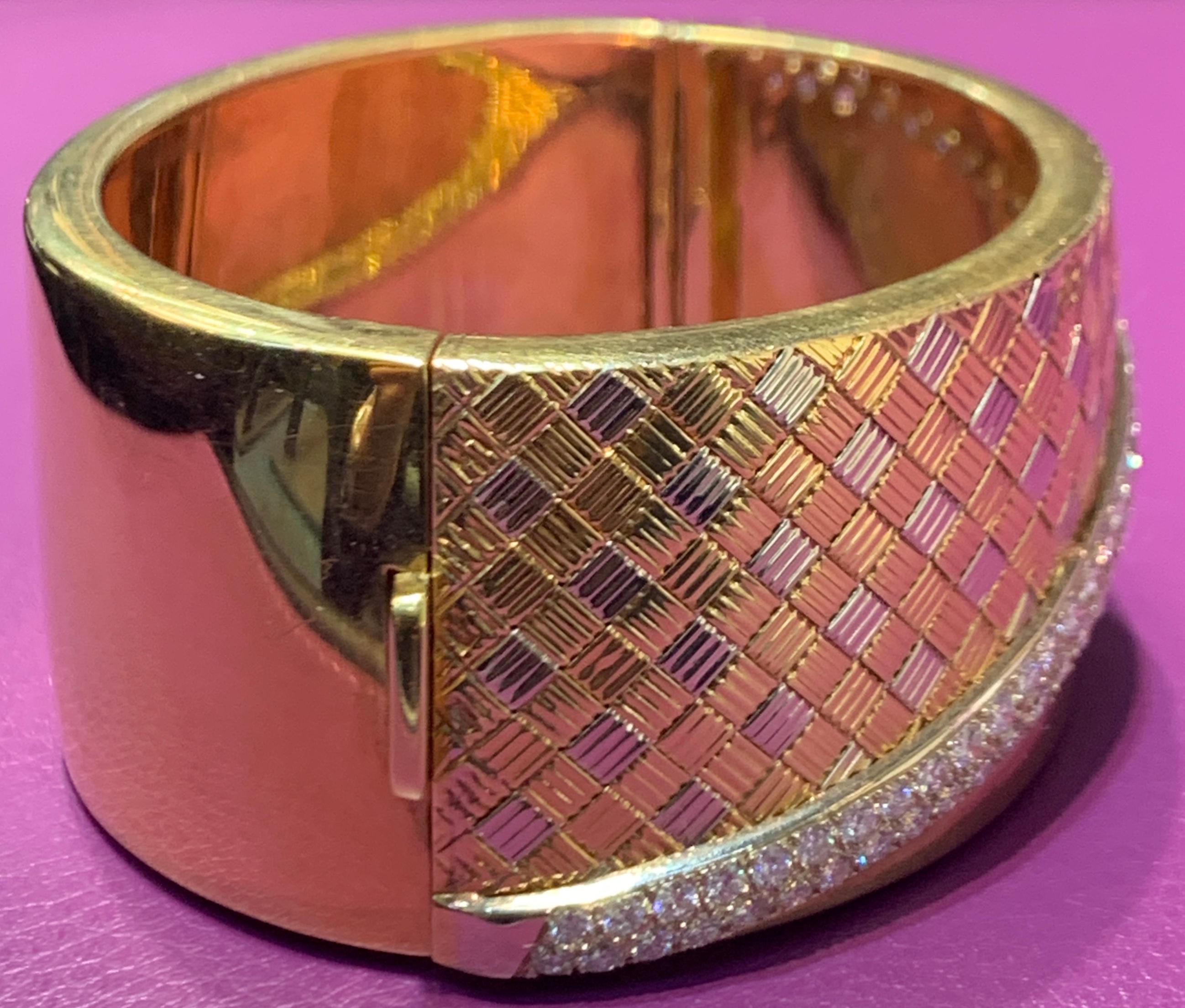 Round Cut Diamond and Gold Bangle Cuff Bracelet For Sale