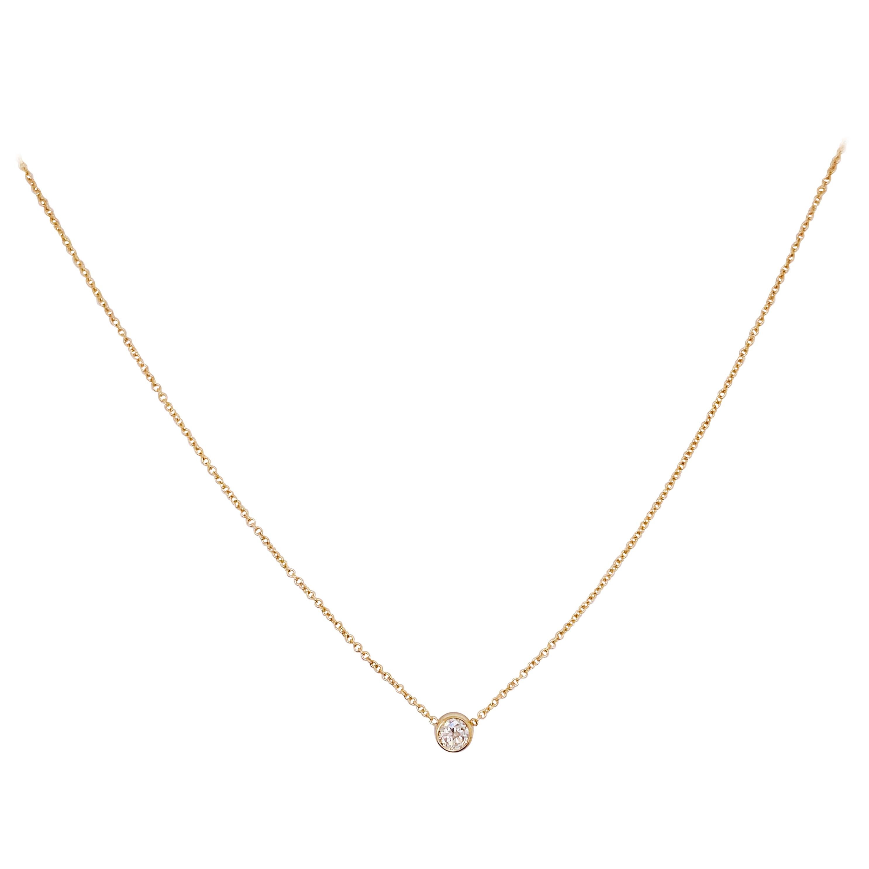 Diamond Gold Bezel Necklace, 0.09 Carat Yellow Gold Adjustable Chain