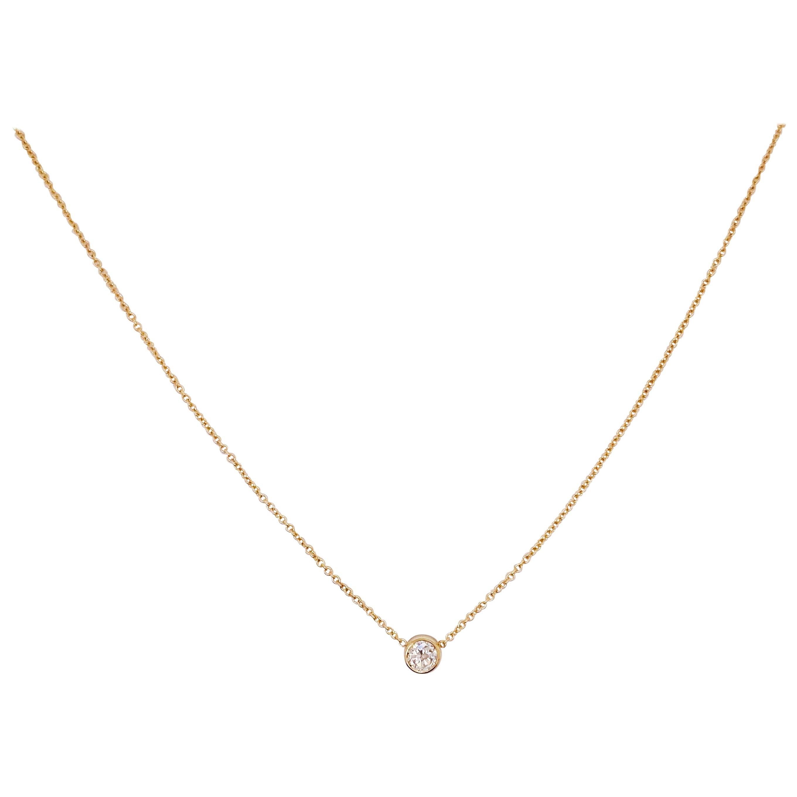 Diamond Gold Bezel Necklace, 0.22 Carat Yellow Gold Adjustable Chain