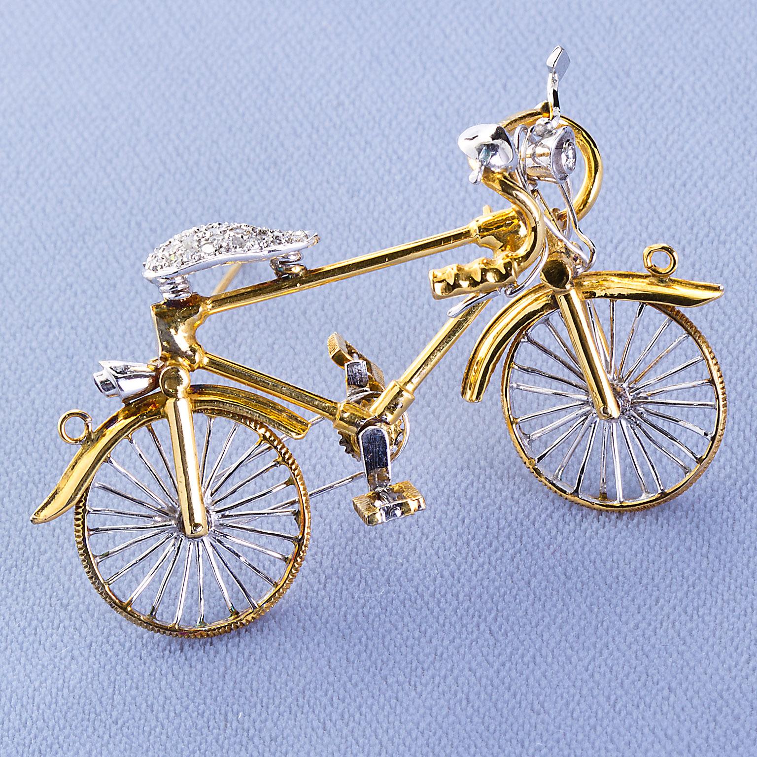 Contemporary Diamond Gold Bicycle Brooch Pendant Charm