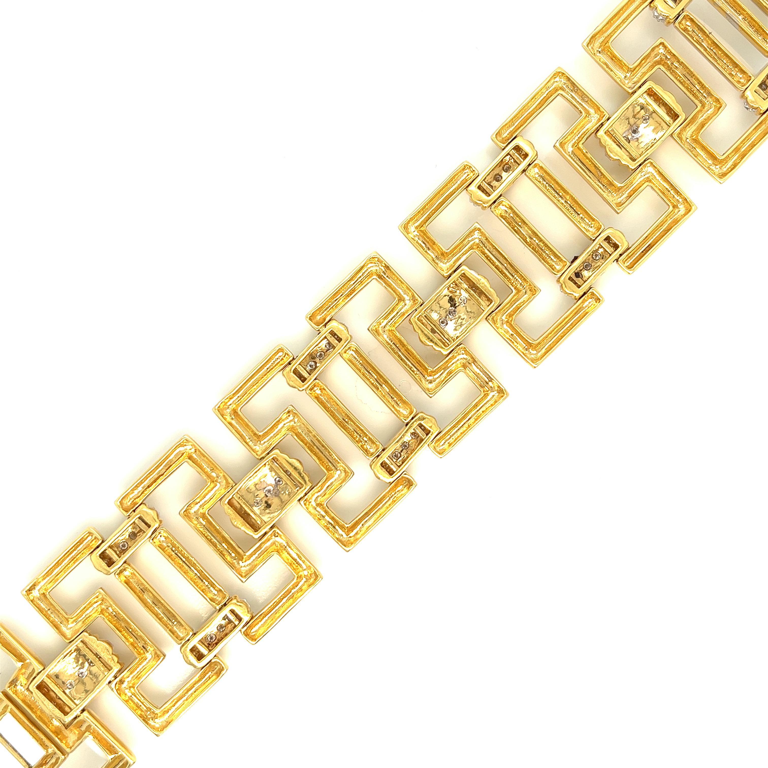 Diamond gold bracelet 

Round-cut diamonds of 2.06 carats, 18 karat yellow gold; marked D 2.06, K18

Size: width 1.19 inches, length 7.25 inches
Total weight: 62.8 grams