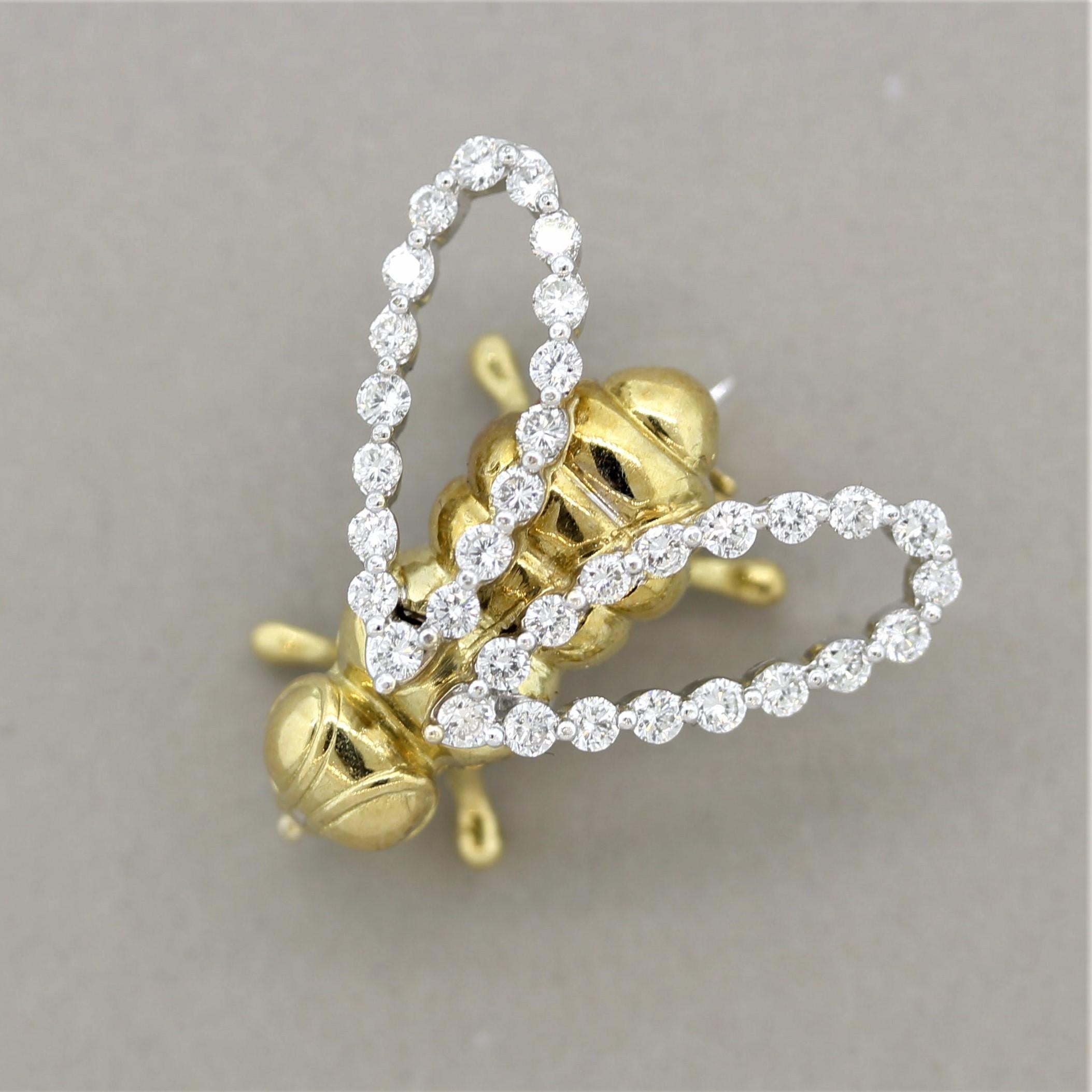 A sweet and friendly bumblebee! Its wings are made of 1.02 carats of fine round brilliant-cut diamond set in 18k white gold. The bee’s body is hand worked to create a realistic figure for our buzzing friend. Made in 18k gold and ready to complement