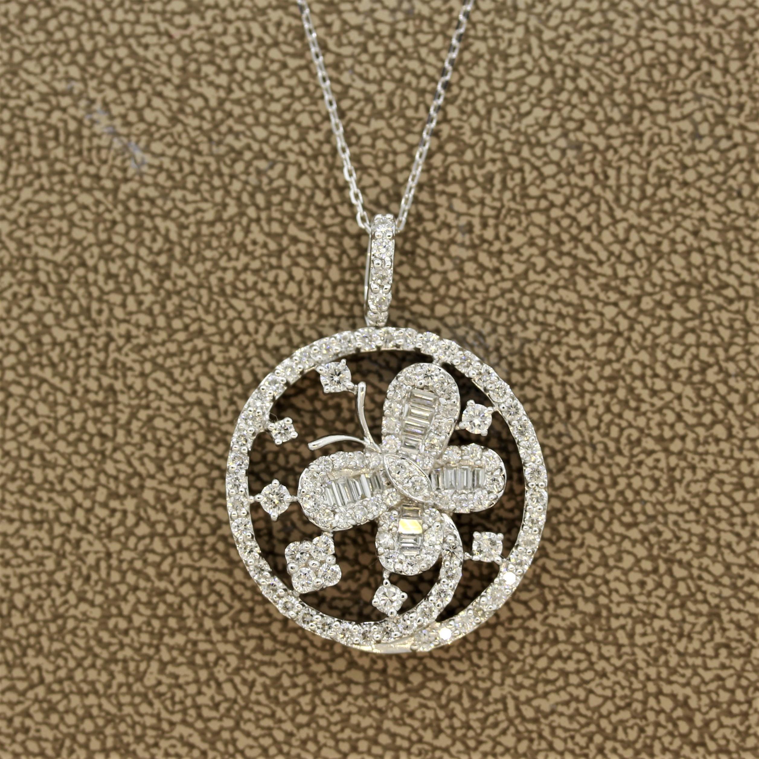 A sweet and charming pendant depicting a wild butterfly. It features 1.58 carats of round brilliant and baguette cut diamonds. Made in 18k white gold.

Pendant Length: 0.90 inches

Chain Length: 18 inches (extra bail can be worn as 16 inch)
