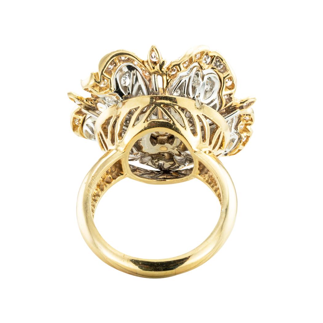 Round Cut Diamond Gold Camellia Flower Cocktail Ring For Sale