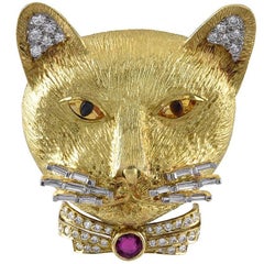 Vintage Diamond Gold Cat Brooch