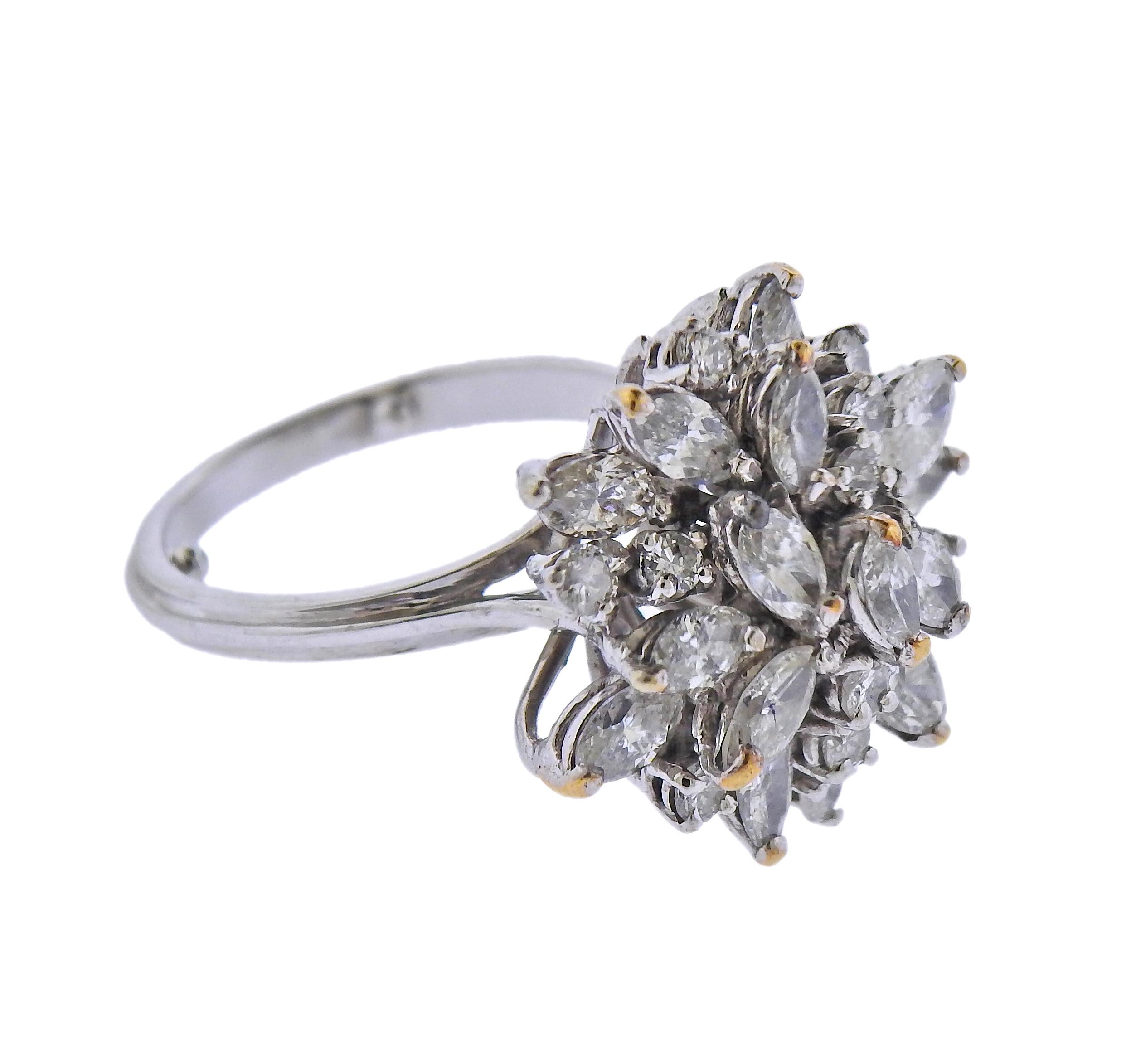 14k gold cluster ring with  a mix of round and marquise diamonds - total of approx. 2.20ctw. Ring size - 6 (sizing balls can be removed ), ring top - 20mm x 20mm. Weight - 7.1 grams. 