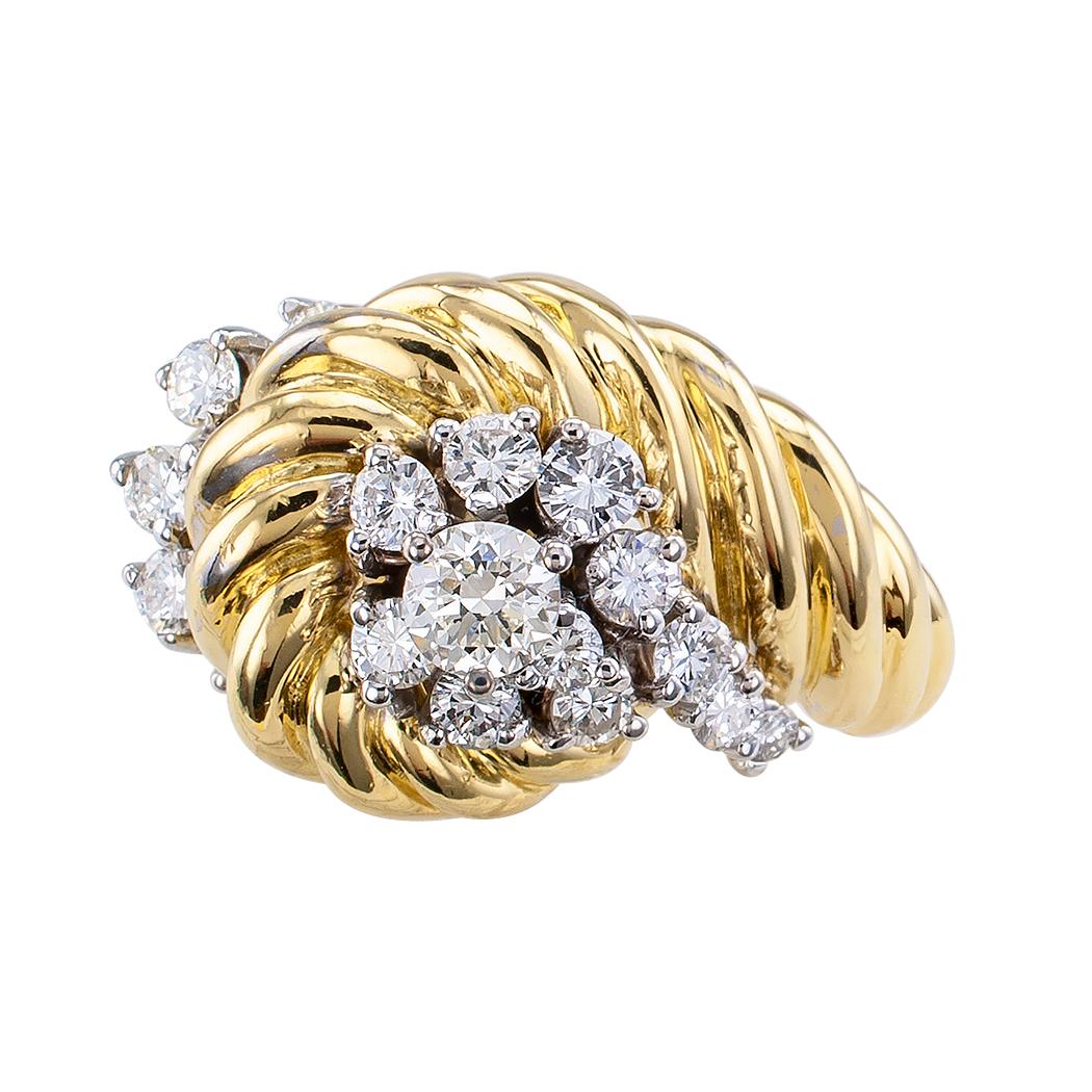 Contemporary Diamond Yellow Gold Cluster Ring