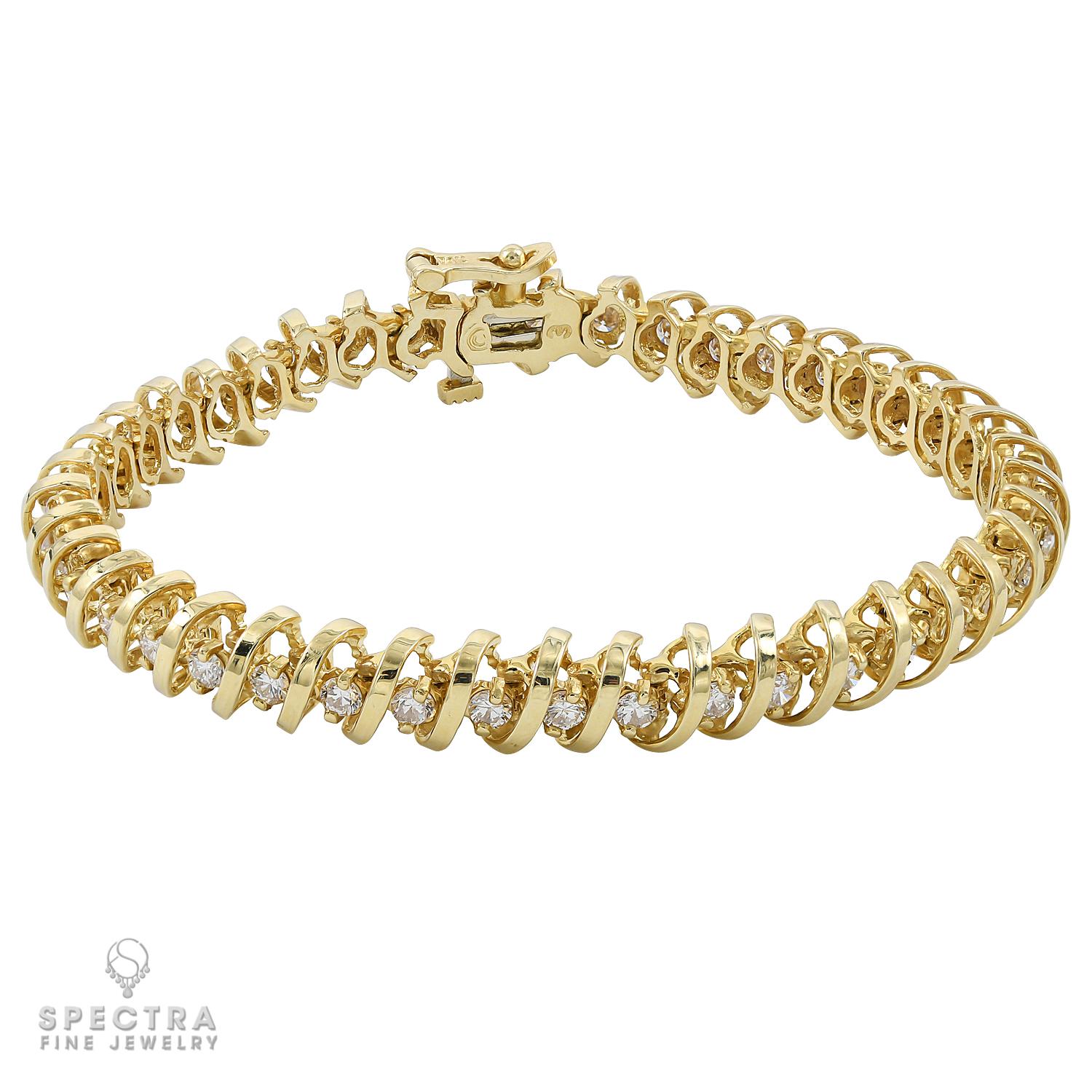 A classy bracelet comprising of 42 diamonds weighing a total of 3.78 carats, each diamond is approximately 0.09 carat. Diamonds are all natural with H-I color, VS-SI clarity. Coil design, 14kt yellow gold.
The bracelet is 7 inches long.
Gross weight