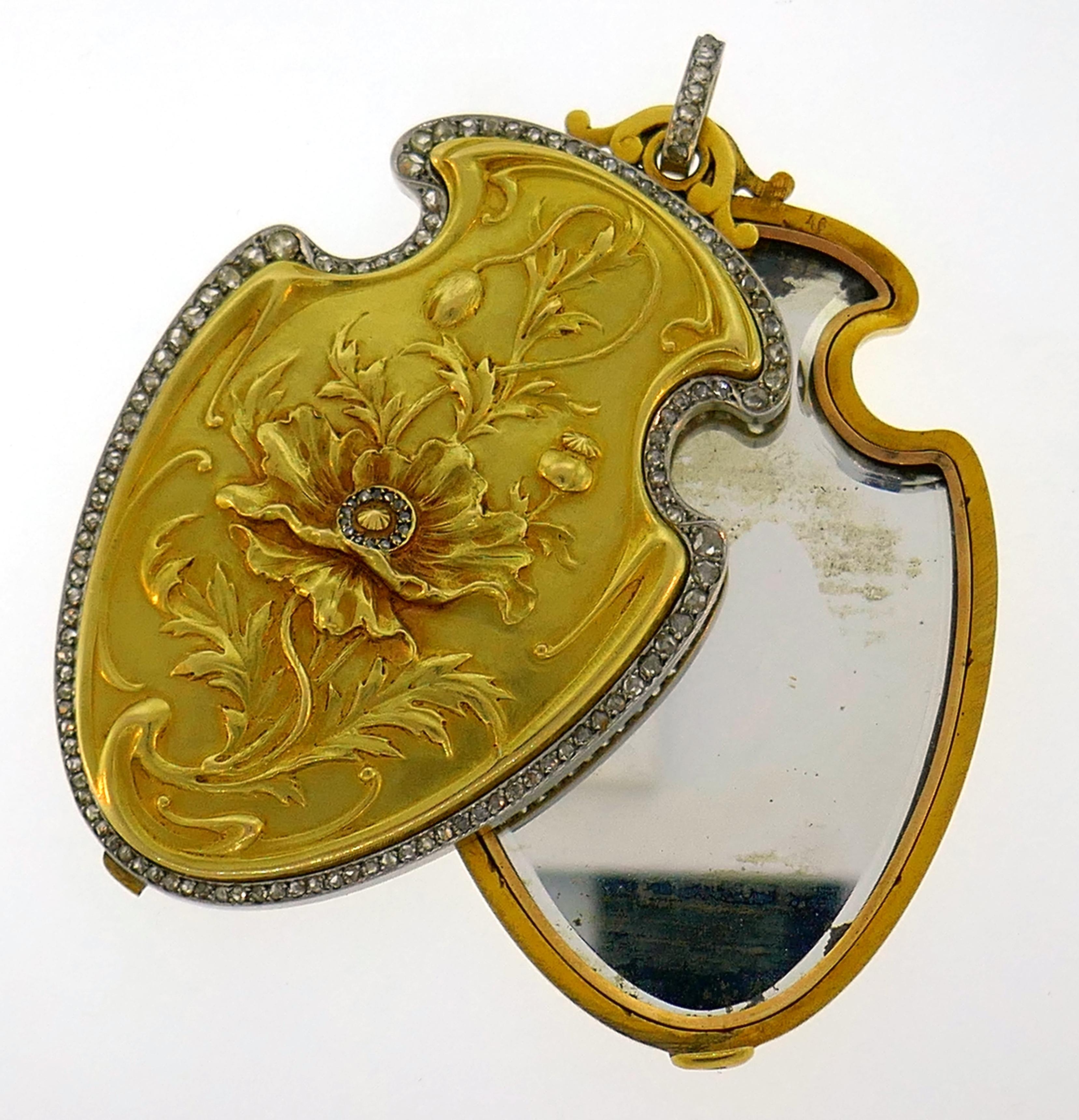 Diamond Gold Compact Locket Pedant Art Nouveau French with Mirror In Good Condition In Beverly Hills, CA