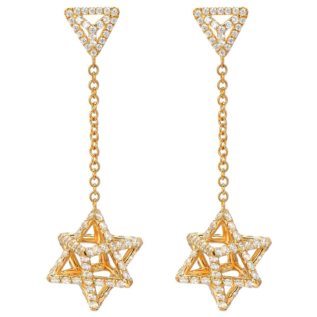 Merkaba Star Diamond Yellow Gold Earrings For Sale