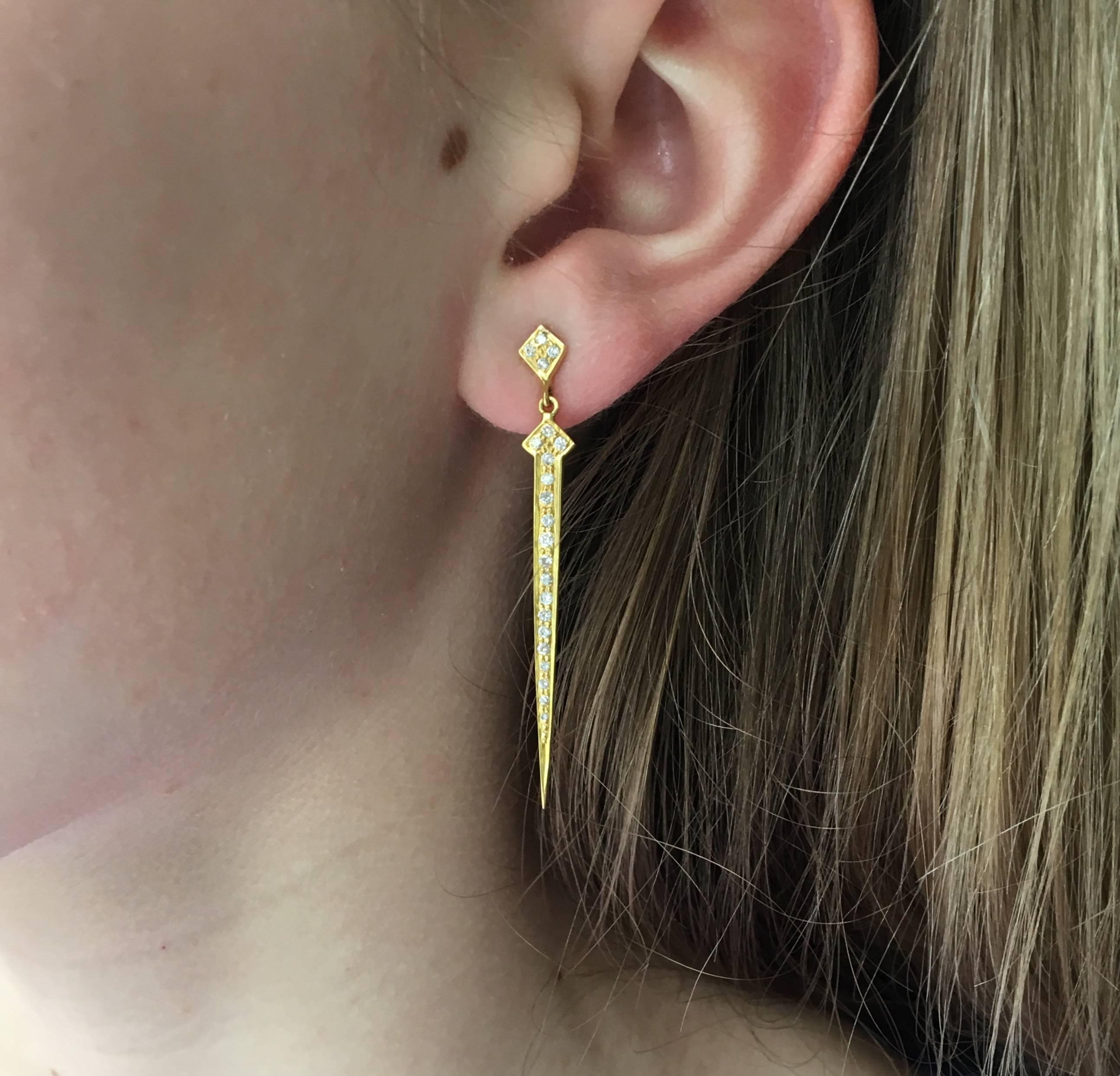 These 18kt Yellow Gold and Diamond dagger post earrings will make you feel fierce.  Finished in Lauren Harper's signature matte gold, these earrings are perfect for both day and evening wear.  Ships directly from original designer and creator,