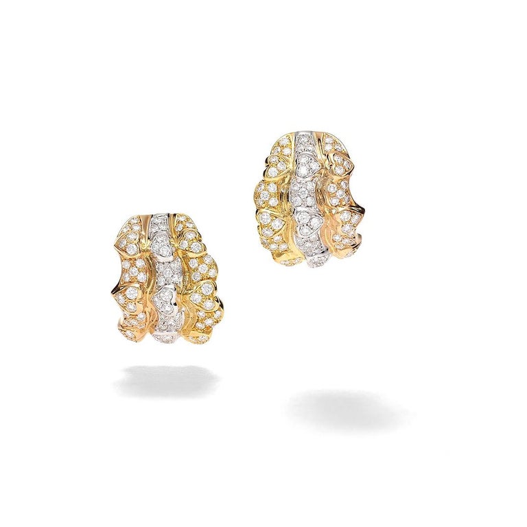 Earrings in 18kt white, yellow and pink gold set with 132 diamonds 2.22 cts
