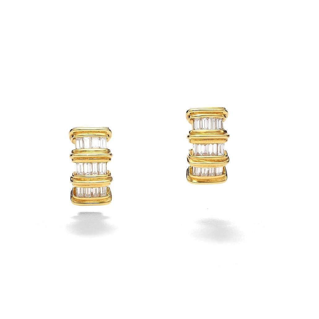Baguette Cut Diamond Gold Earrings For Sale