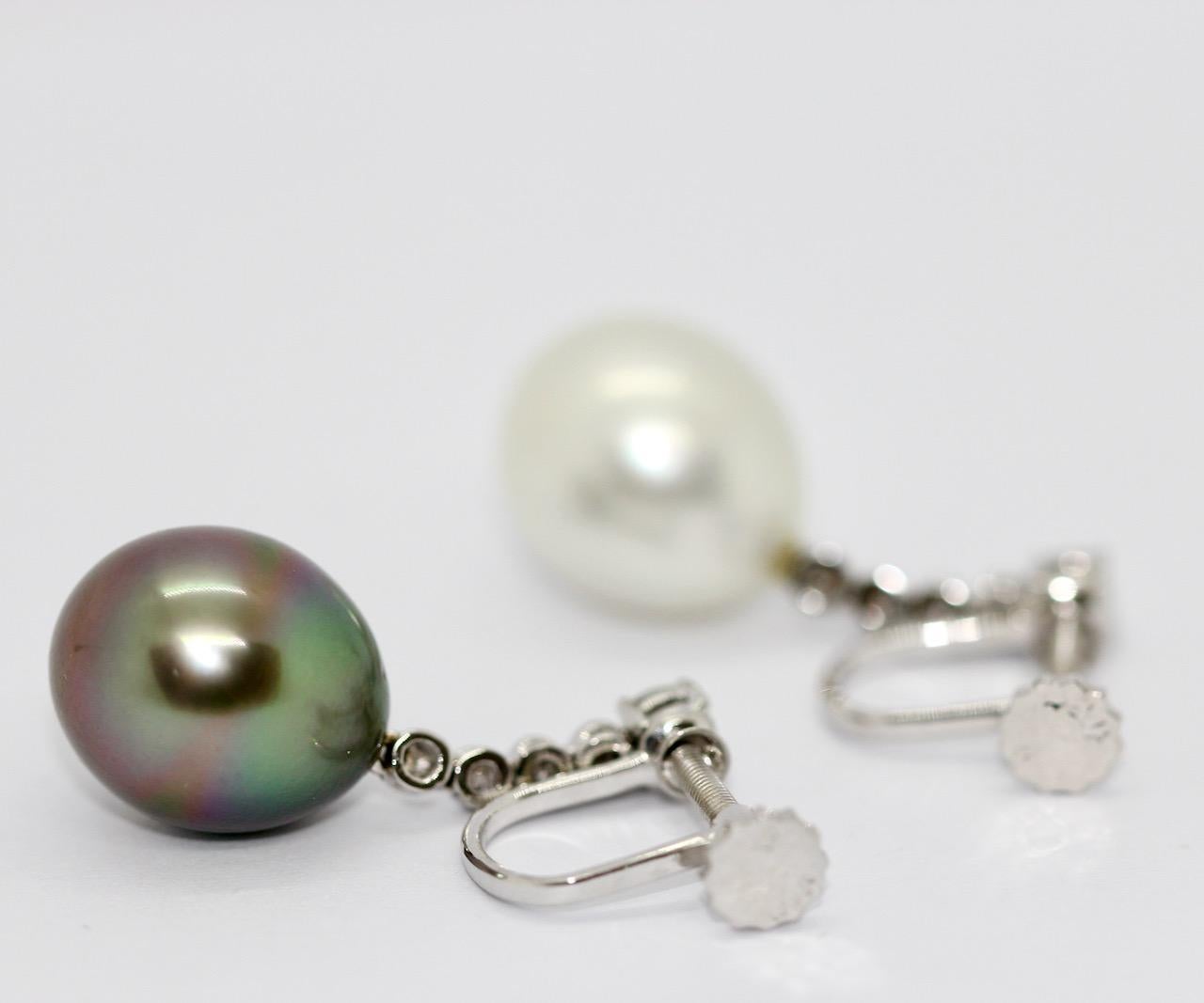Diamond Gold Earrings set with white and gray South Sea Pearl, Tahitian Pearl For Sale 7